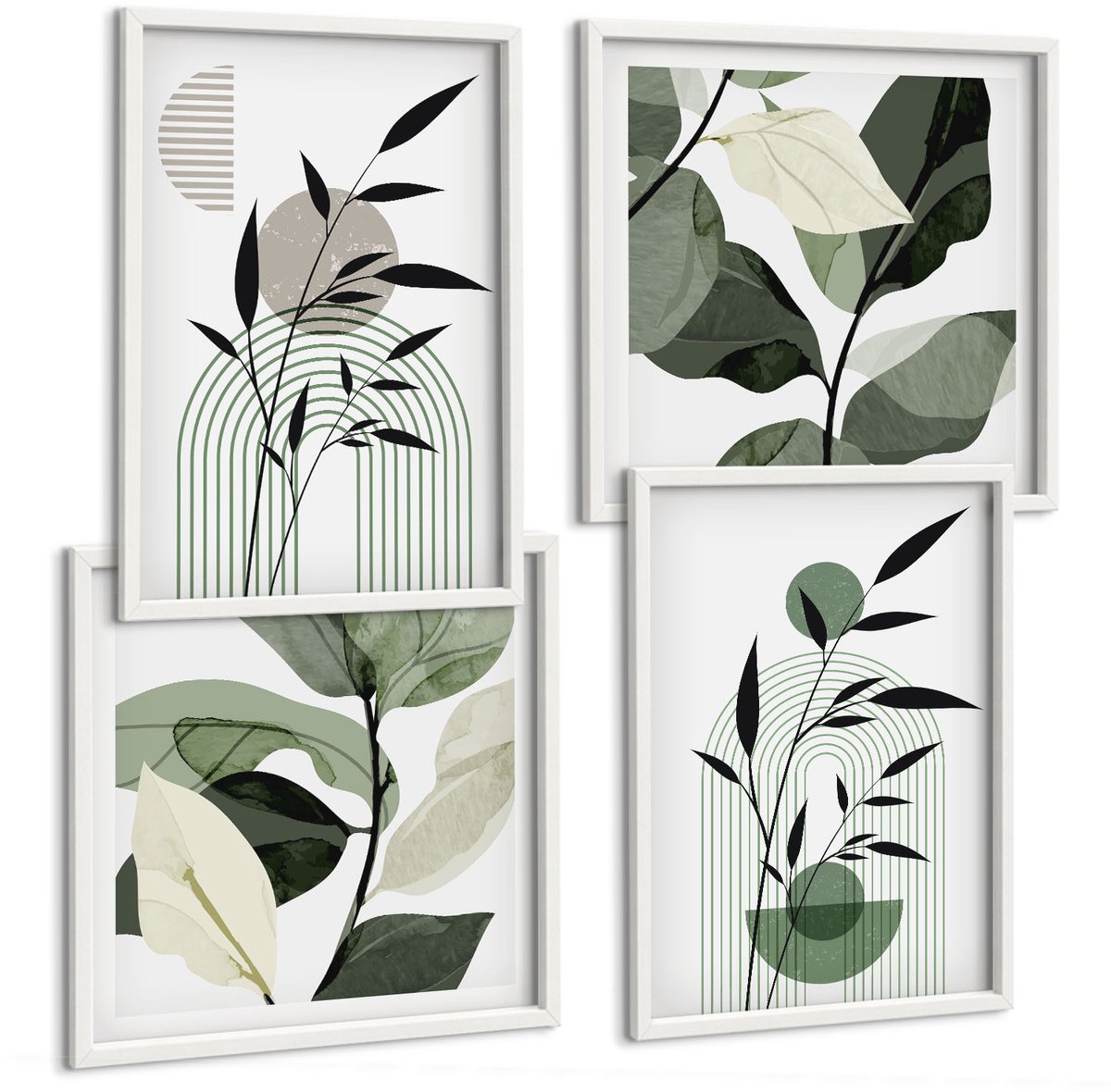 Wallfluent 4-Delige Schilderij Set - Abstracte Plantencomposities In Boho-Stijl - 40 x 40 En 40 x 60 - Wanddecoratie - Schilderijen Set - Kantoor - Stijlvolle Muurdecoratie