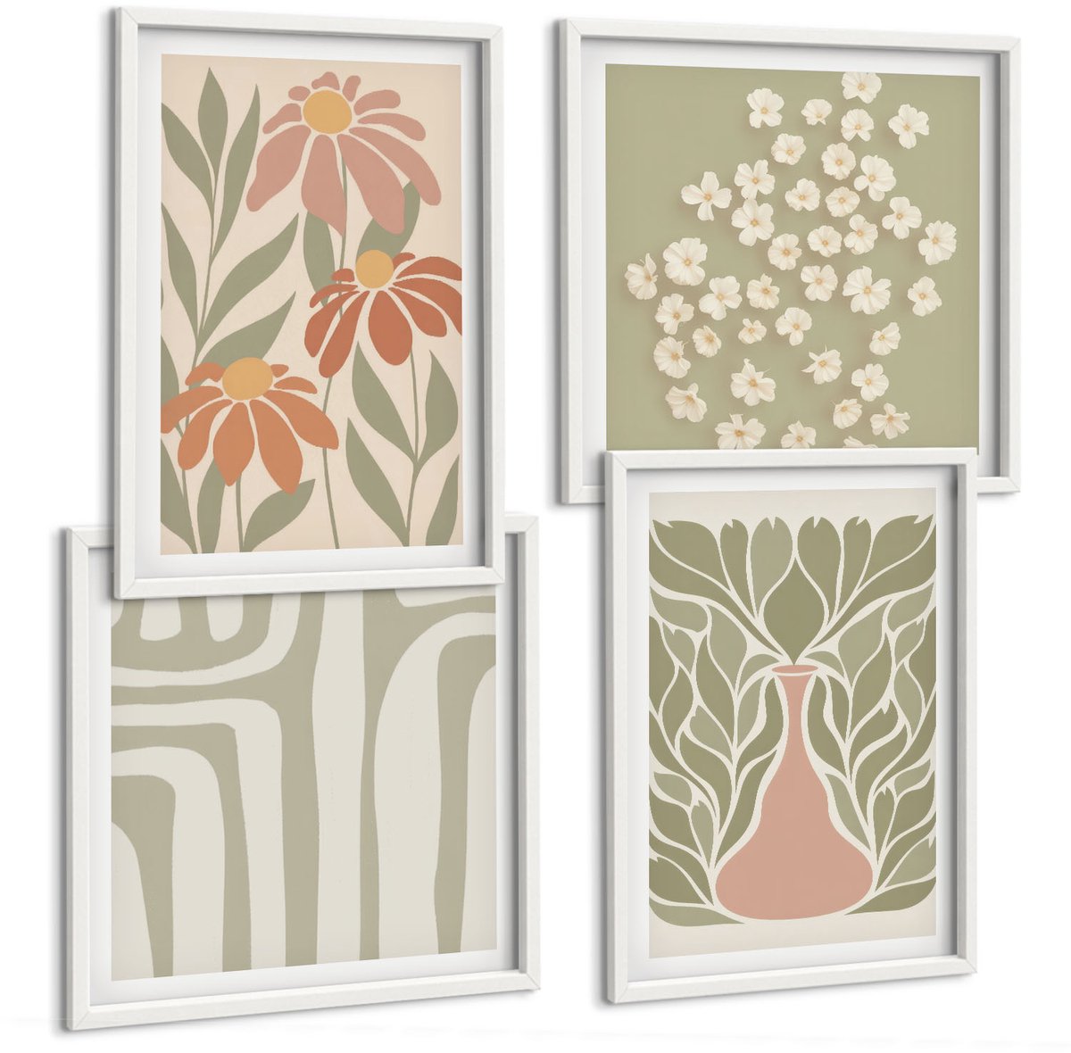 Wallfluent 4-Delige Schilderij Set - Bloemmotieven, Minimalistische Patronen, Boho-Stijl - 40 x 40 En 40 x 60 - Wanddecoratie - Muurdecoratie - Moderne Interieurdecoratie - Decoratieve Schilderijen