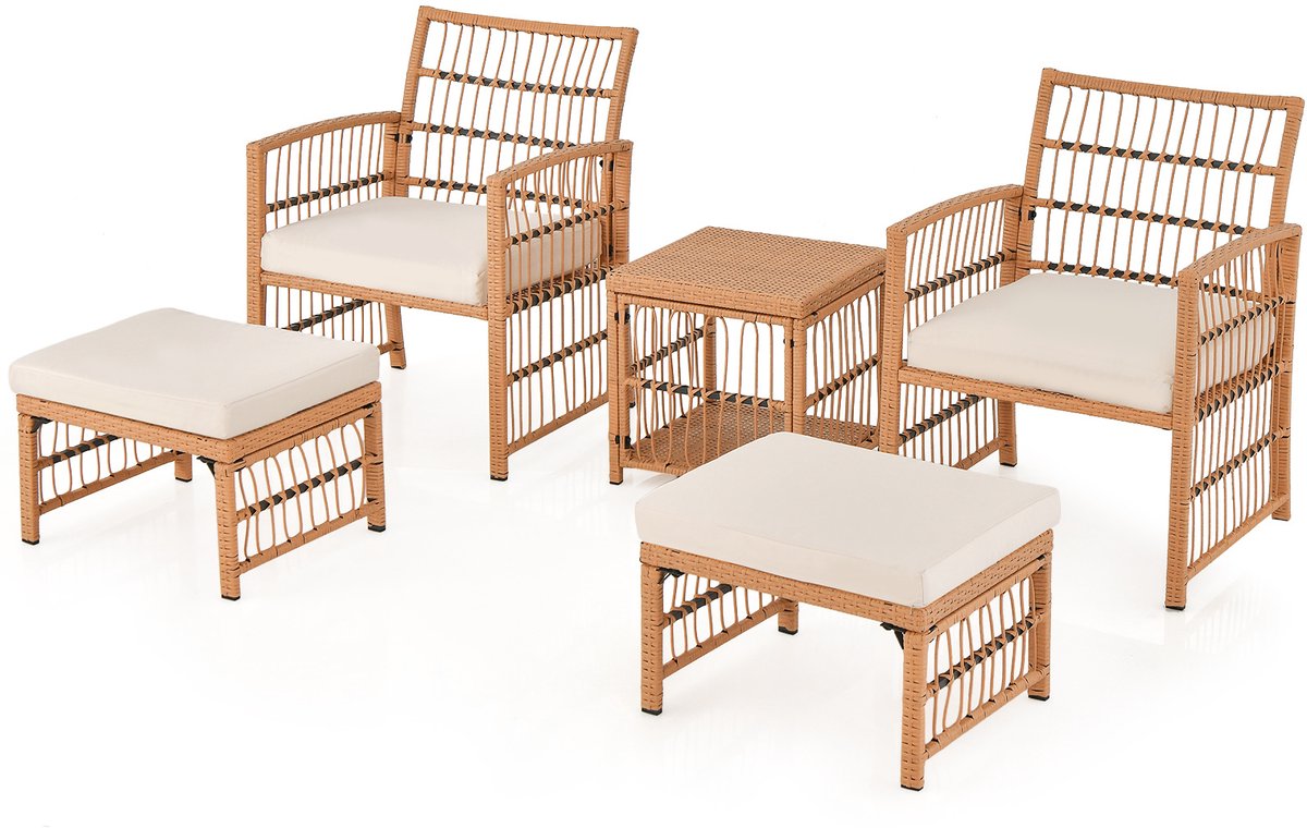 SureDeal® - Tuinset - 5-delig Rattan Tuinmeubel - Fauteuils Poefen - 2-laags Koffietafel - 63x58x77 cm - Naturel