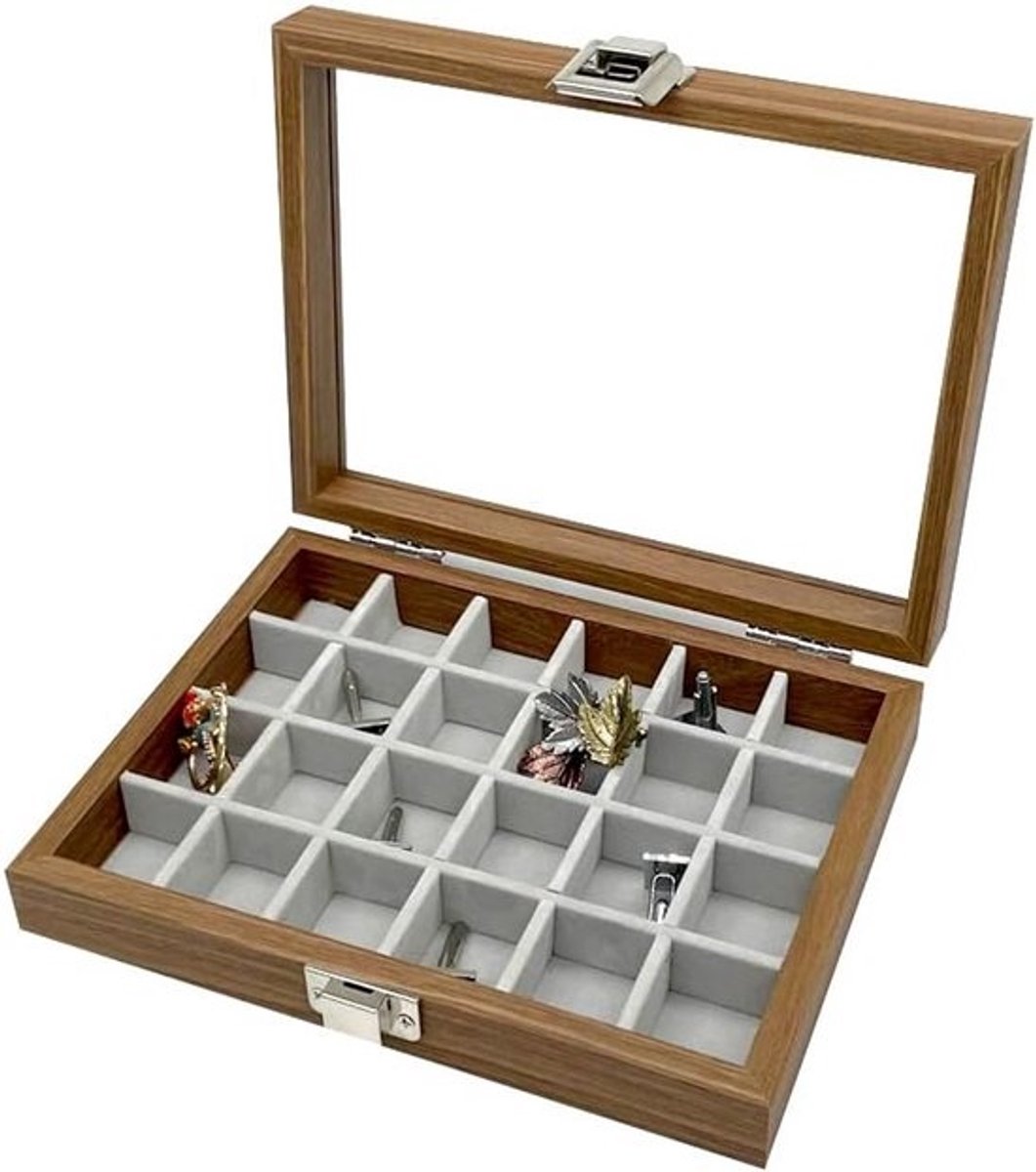 Houten Sieradenkoffer met 24 Vakken voor Ringen, Oorbellen en Kettingen - Luxe Opbergdoos met Glazen Deksel