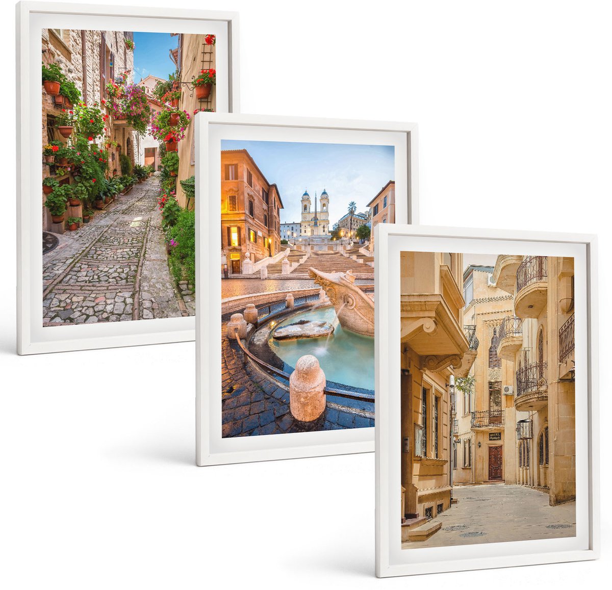 Wallfluent 3-Delige Schilderij Set - Charmante Straatjes En Fonteinen In Een Pittoreske Architectuur. - 40 x 60 - Decoratieve Muurdecoratie - Slaapkamer