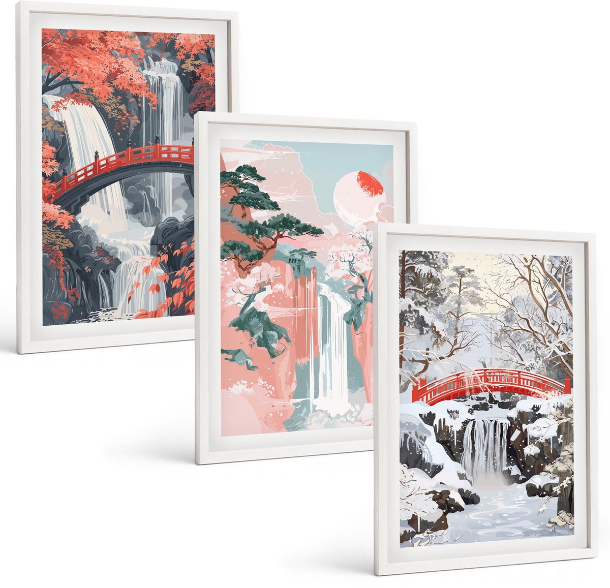Wallfluent 3-Delige Schilderij Set - Watervallen In Verschillende Seizoenen Met Bruggen En Bomen. - 40 x 60 - Stijlvolle Muurdecoratie - Slaapkamer - Wanddecoratie