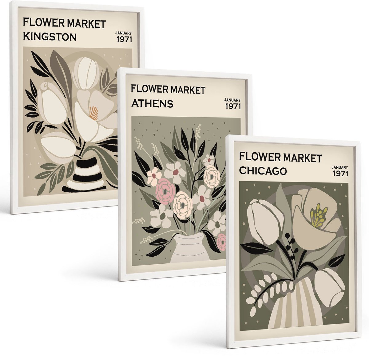 Wallfluent 3-Delige Schilderij Set - Bloemstukken Uit Verschillende Steden In Retrostijl - 40 x 60 - Decoratieve Schilderijen - Wanddecoratie - Hal - Stijlvolle Muurdecoratie