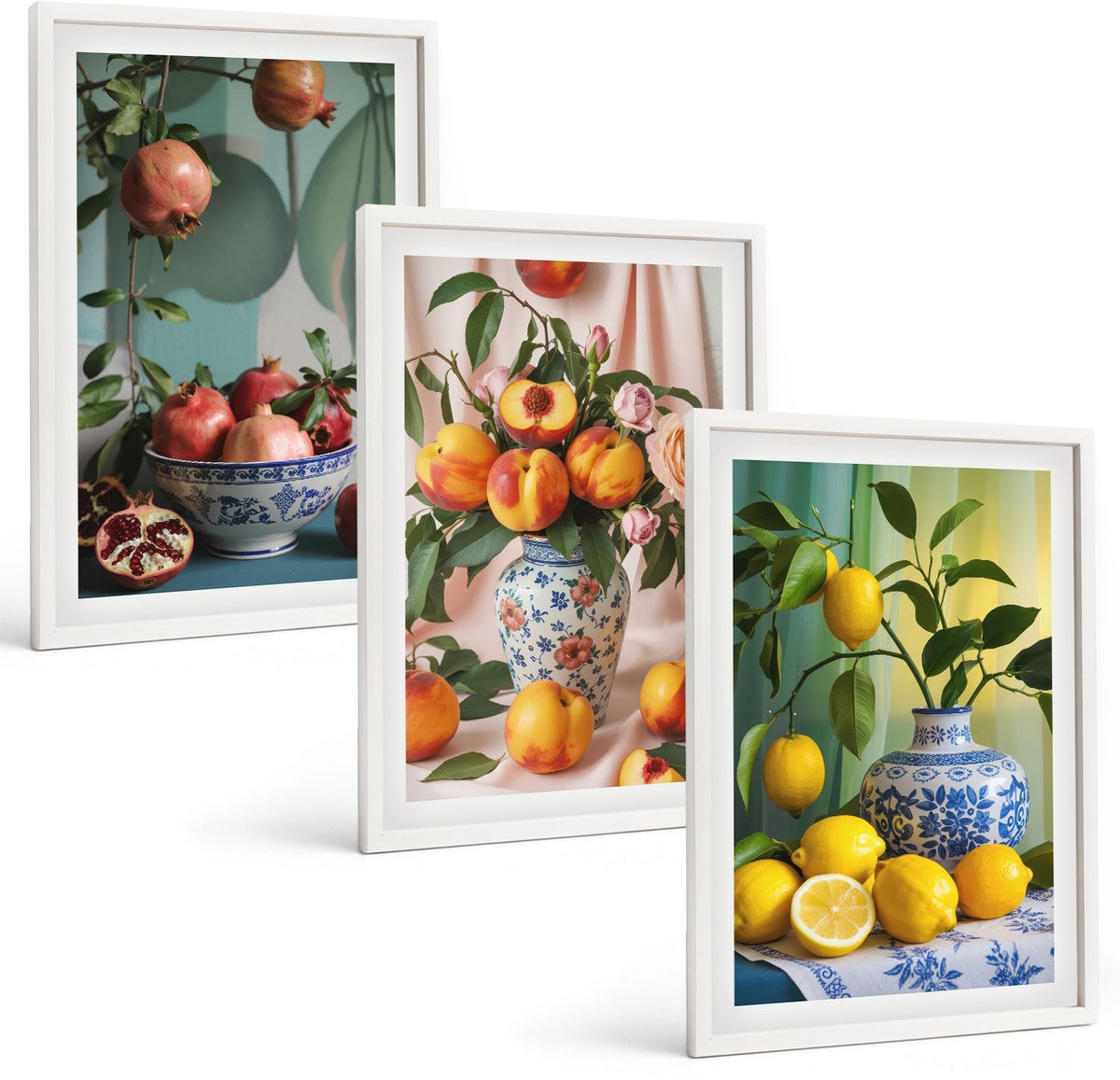 Wallfluent 3-Delige Schilderij Set - Granaatappels, Perziken En Citroenen In Vazen - 40 x 60 - Schilderijen Set - Wanddecoratie - Woonkamer - Stijlvolle Muurdecoratie