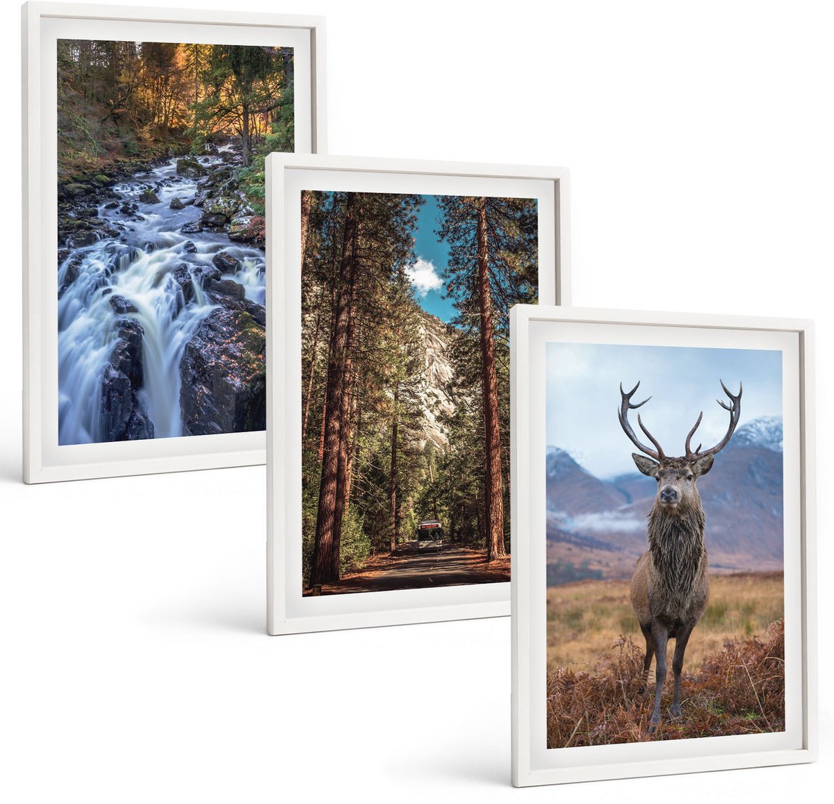 Wallfluent 3-Delige Schilderij Set - Waterval In Het Bosgebergte En Herten In De Natuur - 40 x 60 - Stijlvolle Muurdecoratie - Slaapkamer
