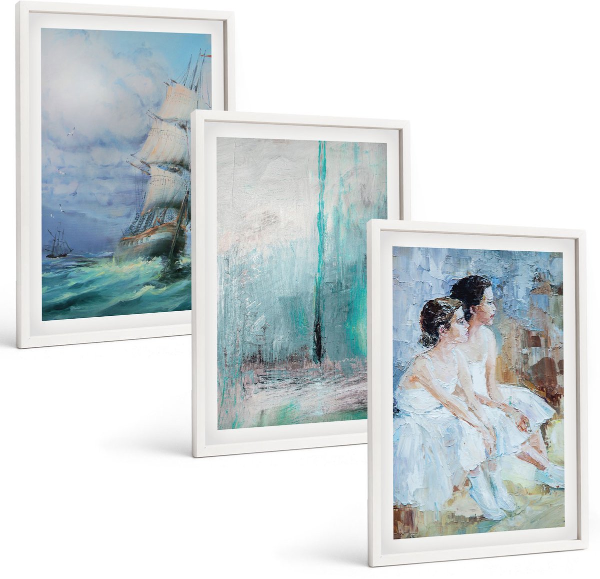 Wallfluent 3-Delige Schilderij Set - Schip Op Zee: Abstract Portret Van Dansers - 40 x 60 - Decoratieve Muurdecoratie - Slaapkamer - Woonkamer Decoratie