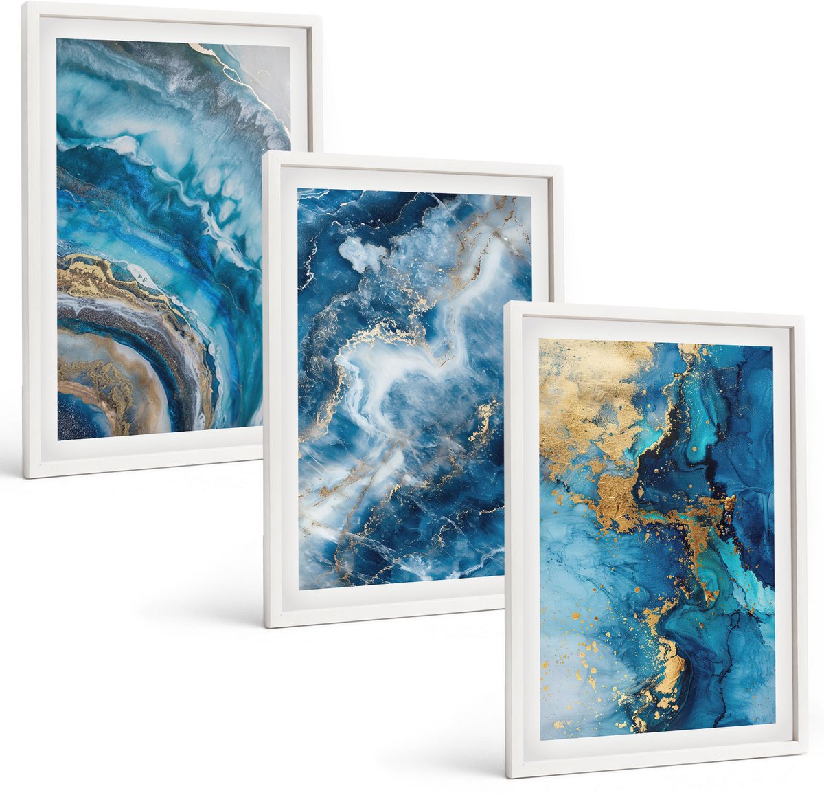Wallfluent 3-Delige Schilderij Set - Blauwe Abstracte Patronen - 40 x 60 - Wanddecoratie - Muurdecoratie - Moderne Interieurdecoratie - Interieur Decoratie