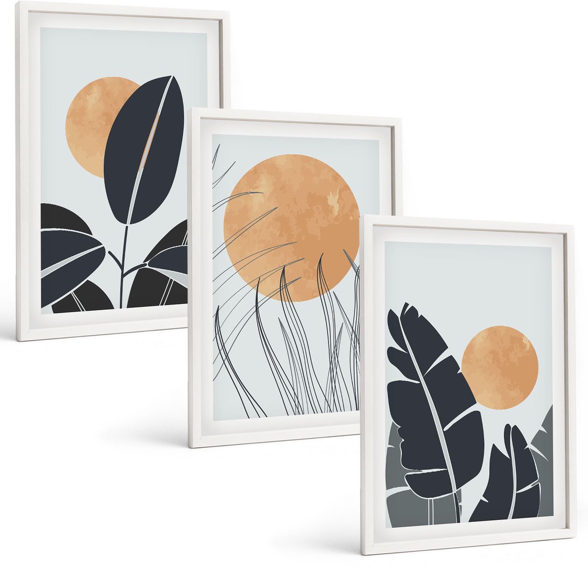 Wallfluent 3-Delige Schilderij Set - Plantenpatronen Met Grote Zonnen In Minimalistische Stijl - 40 x 60 - Wanddecoratie - Schilderijen Set - Kantoor - Stijlvolle Muurdecoratie