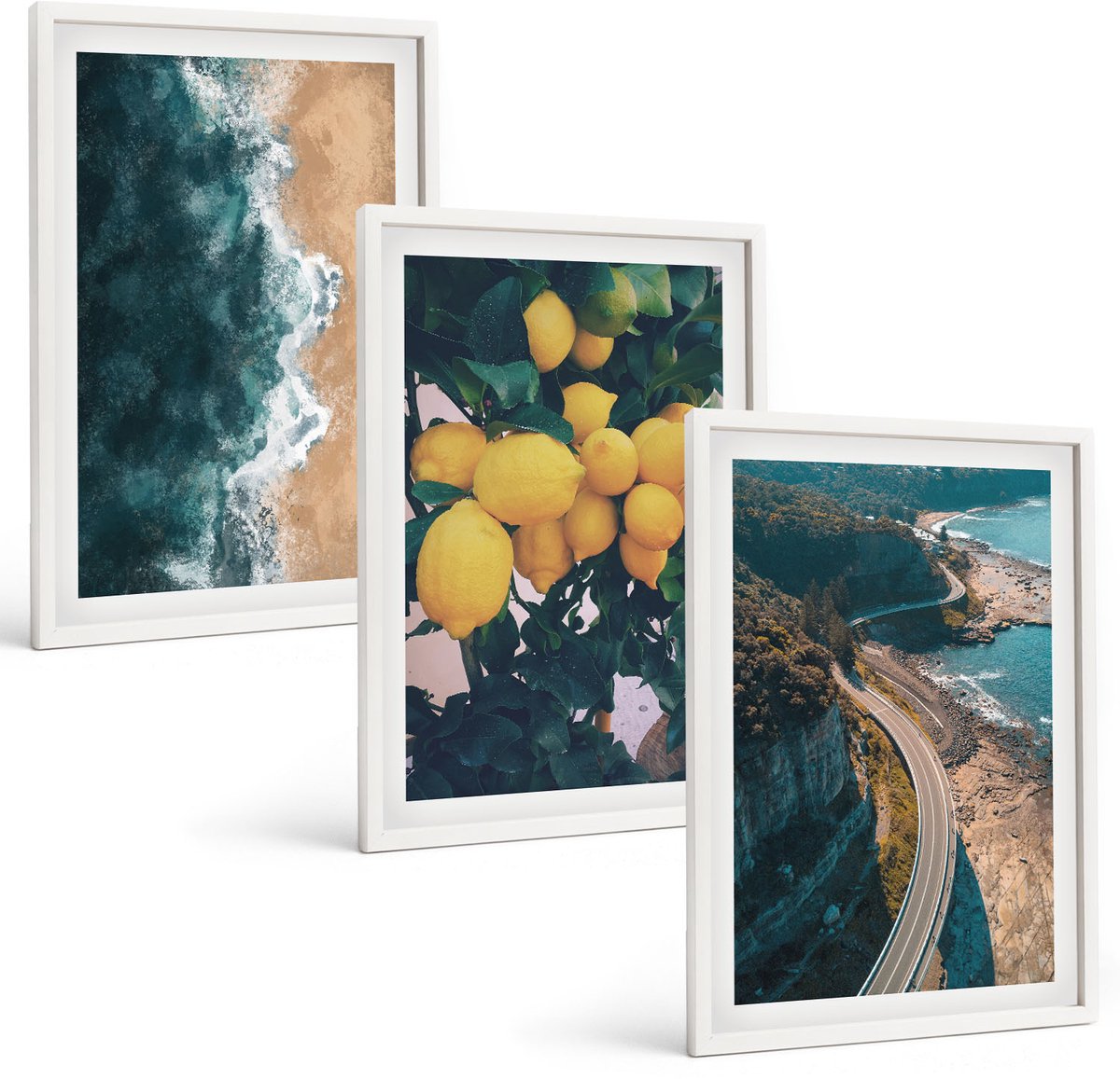 Wallfluent 3-Delige Schilderij Set - Zeestrand Citroenen Berglandschap Kustweg - 40 x 60 - Wanddecoratie - Schilderijen Set - Interieur - Muurdecoratie