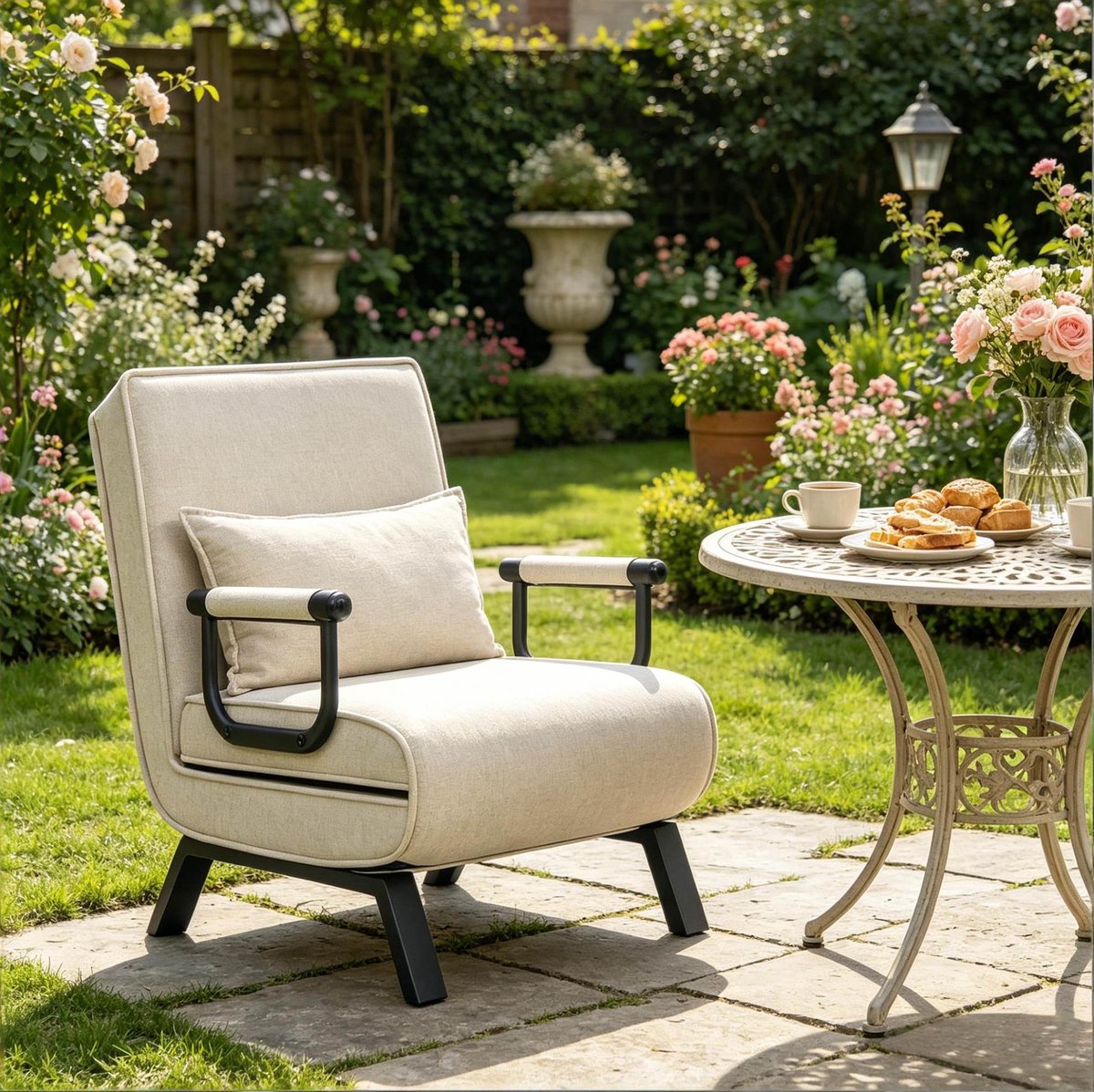 MODFU-Fauteuil-3 In 1-Verstelbare Rugleuning-Beige-Linnen-Metaal