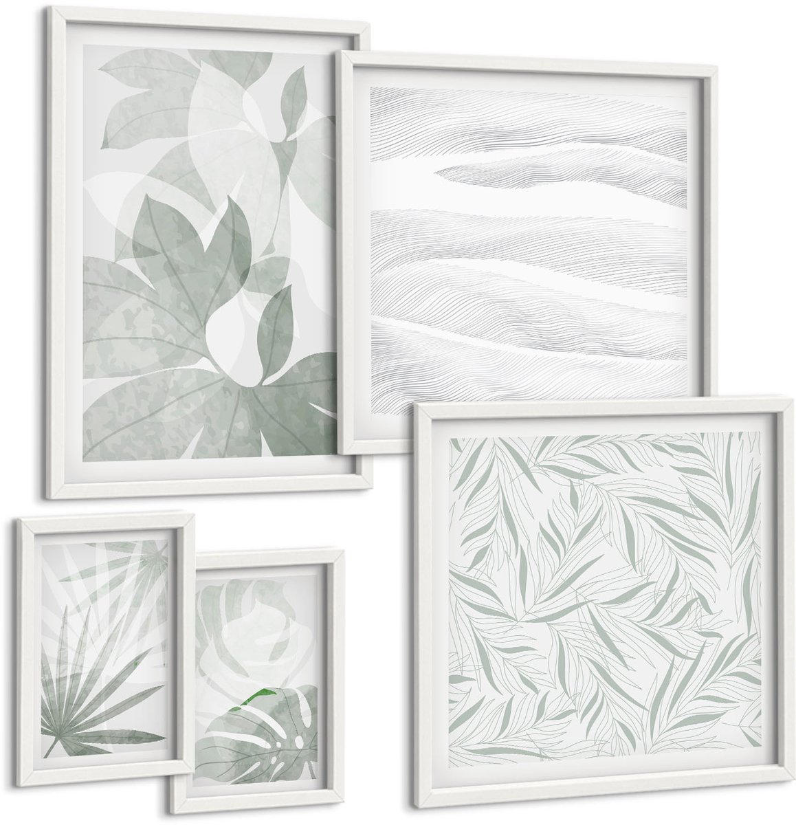 Wallfluent 5-Delige Schilderij Set - Plantmotieven In Delicate Groene Tinten - 50 x 50 cm, 20 x 30 cm En 40 x 60 cm - Stijlvolle Muurdecoratie - Kantoor - Wanddecoratie