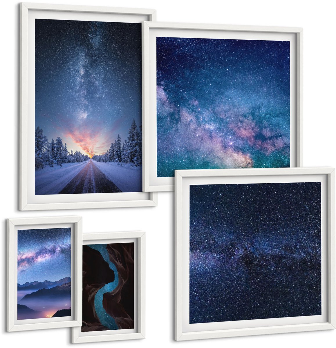 Wallfluent 5-Delige Schilderij Set - Ruimtenachtlandschappen Met Sterrenstelsels En Landschappen - 50 x 50 cm, 20 x 30 cm En 40 x 60 cm - Stijlvolle Muurdecoratie - Kantoor