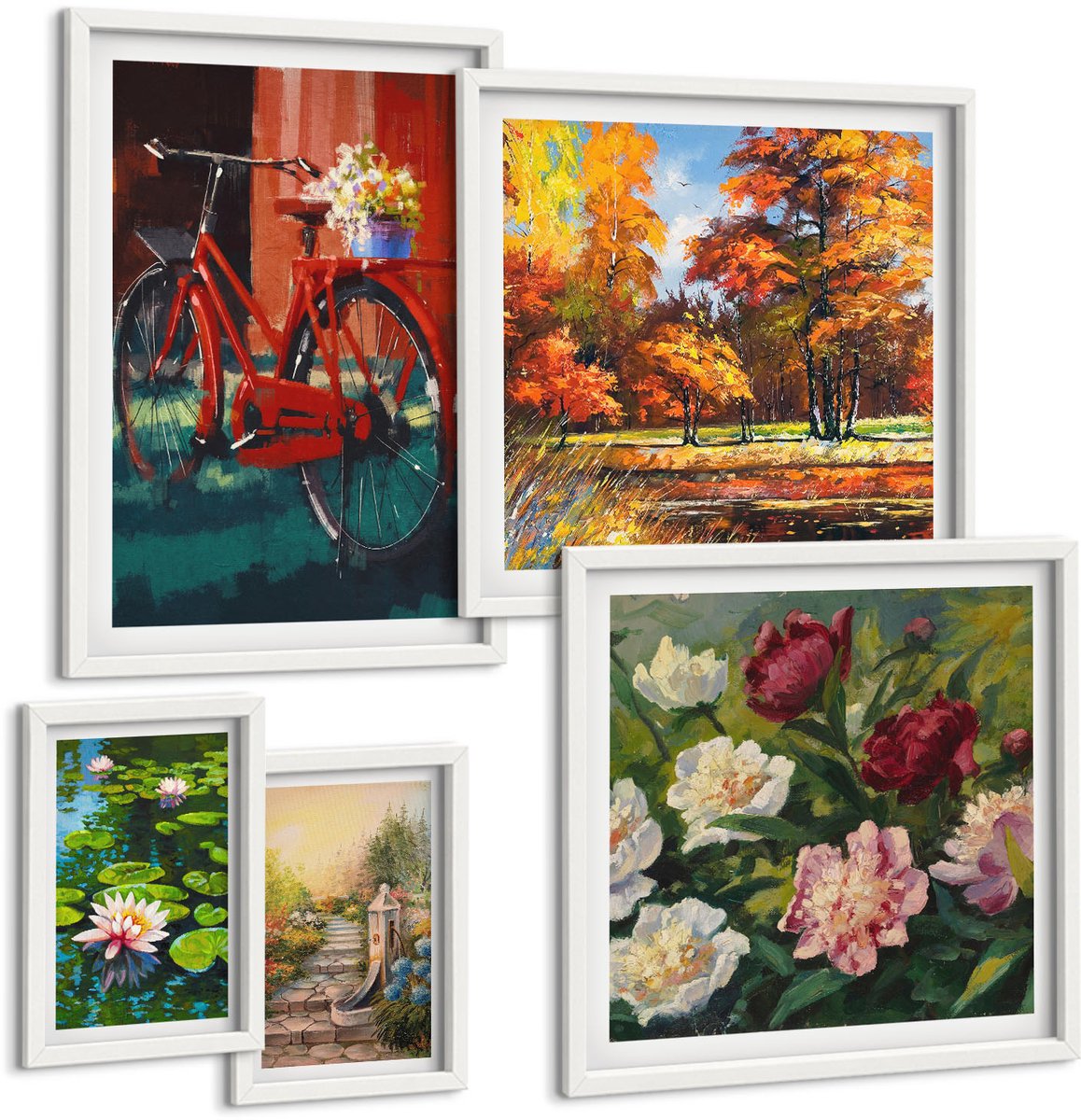Wallfluent 5-Delige Schilderij Set - Bloemrijke Inspiratie Met Een Fiets En Pittoreske Landschappen - 50 x 50 cm, 20 x 30 cm En 40 x 60 cm - Wanddecoratie - Schilderijen Set - Kantoor - Moderne Wanddecoratie