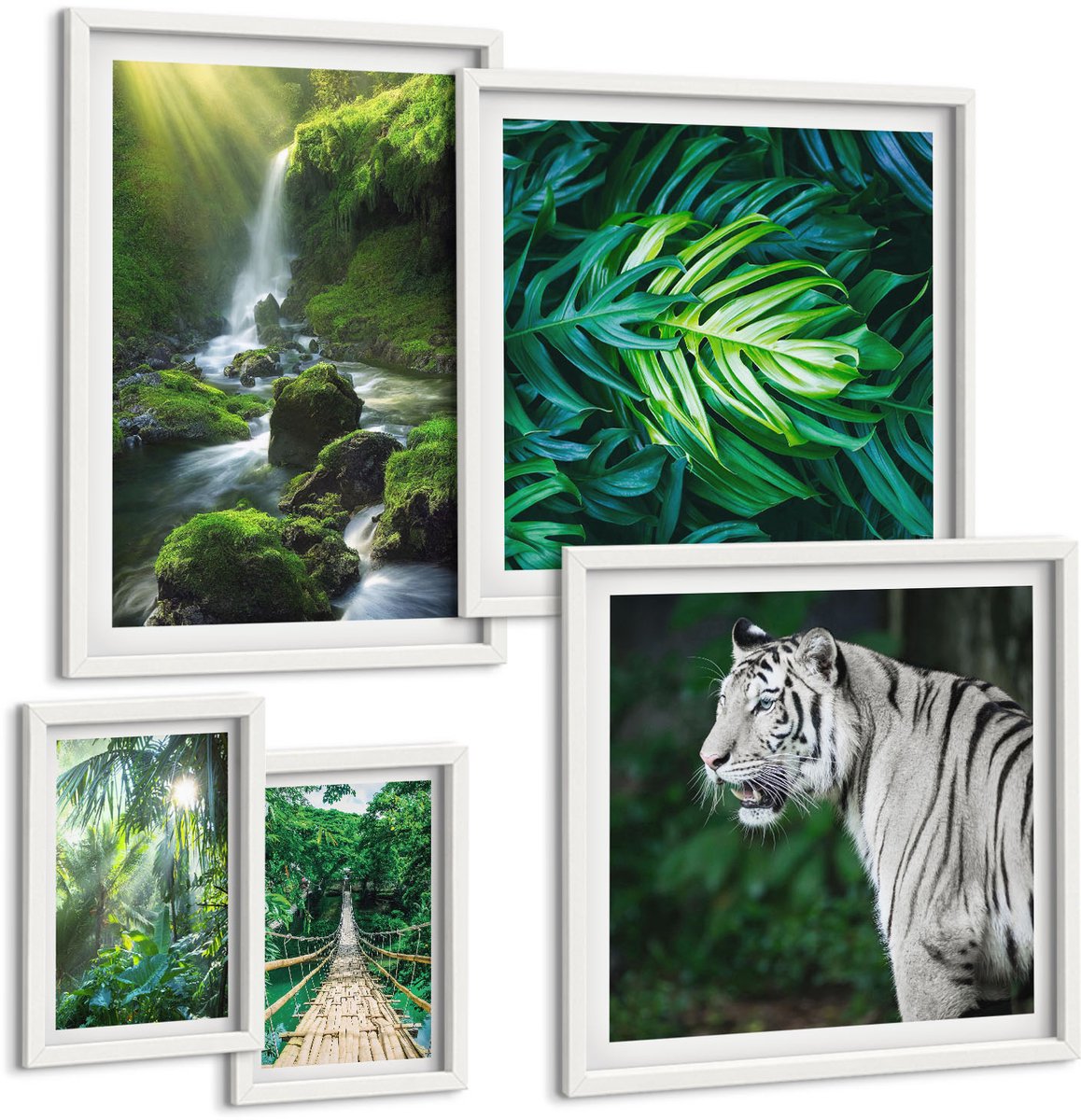 Wallfluent 5-Delige Schilderij Set - Tropische Landschappen Met Wilde Dieren En Andere Dieren - 50 x 50 cm, 20 x 30 cm En 40 x 60 cm - Muurdecoratie - Interieur Decoratie