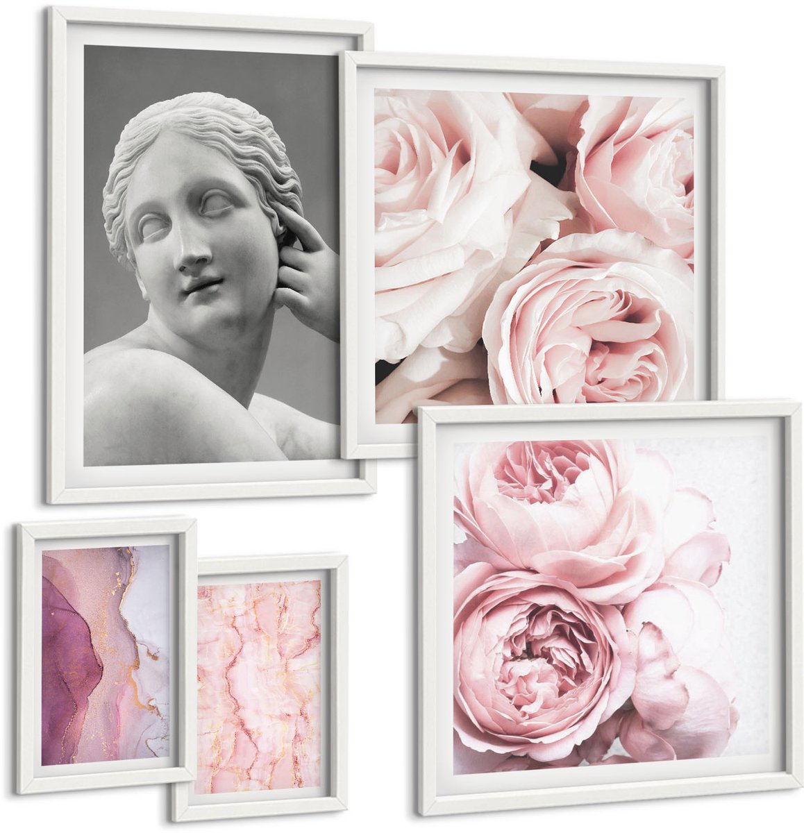 Wallfluent 5-Delige Schilderij Set - Bloemaccenten Met Houtsnijwerk In Een Klassieke Stijl. - 50 x 50 cm, 20 x 30 cm En 40 x 60 cm - Wanddecoratie - Schilderijen Set - Kantoor - Decoratieve Schilderijen