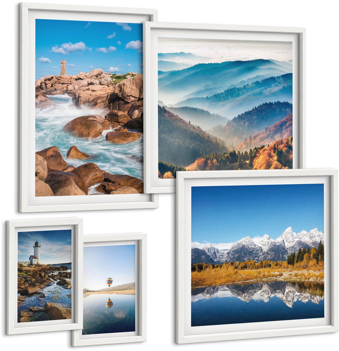 Wallfluent 5-Delige Schilderij Set - Natuurlijke Landschappen, Bergen, Zee En Vuurtorens - 50 x 50 cm, 20 x 30 cm En 40 x 60 cm - Wanddecoratie - Muurdecoratie - Woonkamer - Stijlvolle Muurdecoratie