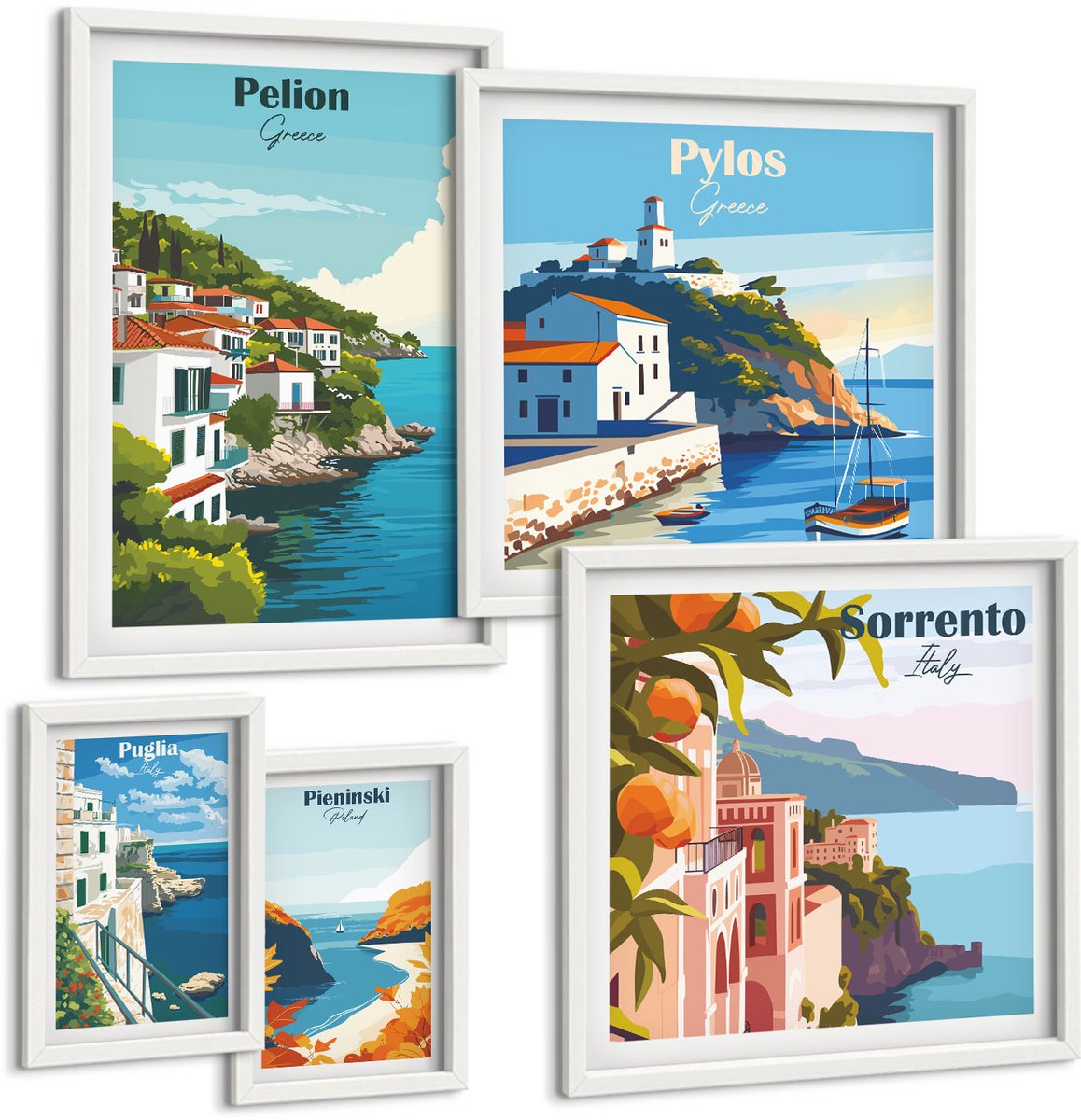 Wallfluent 5-Delige Schilderij Set - Landschappen Van Griekse Eilanden En Pittoreske Stadjes - 50 x 50 cm, 20 x 30 cm En 40 x 60 cm - Wanddecoratie - Moderne Interieurdecoratie - Interieur Decoratie