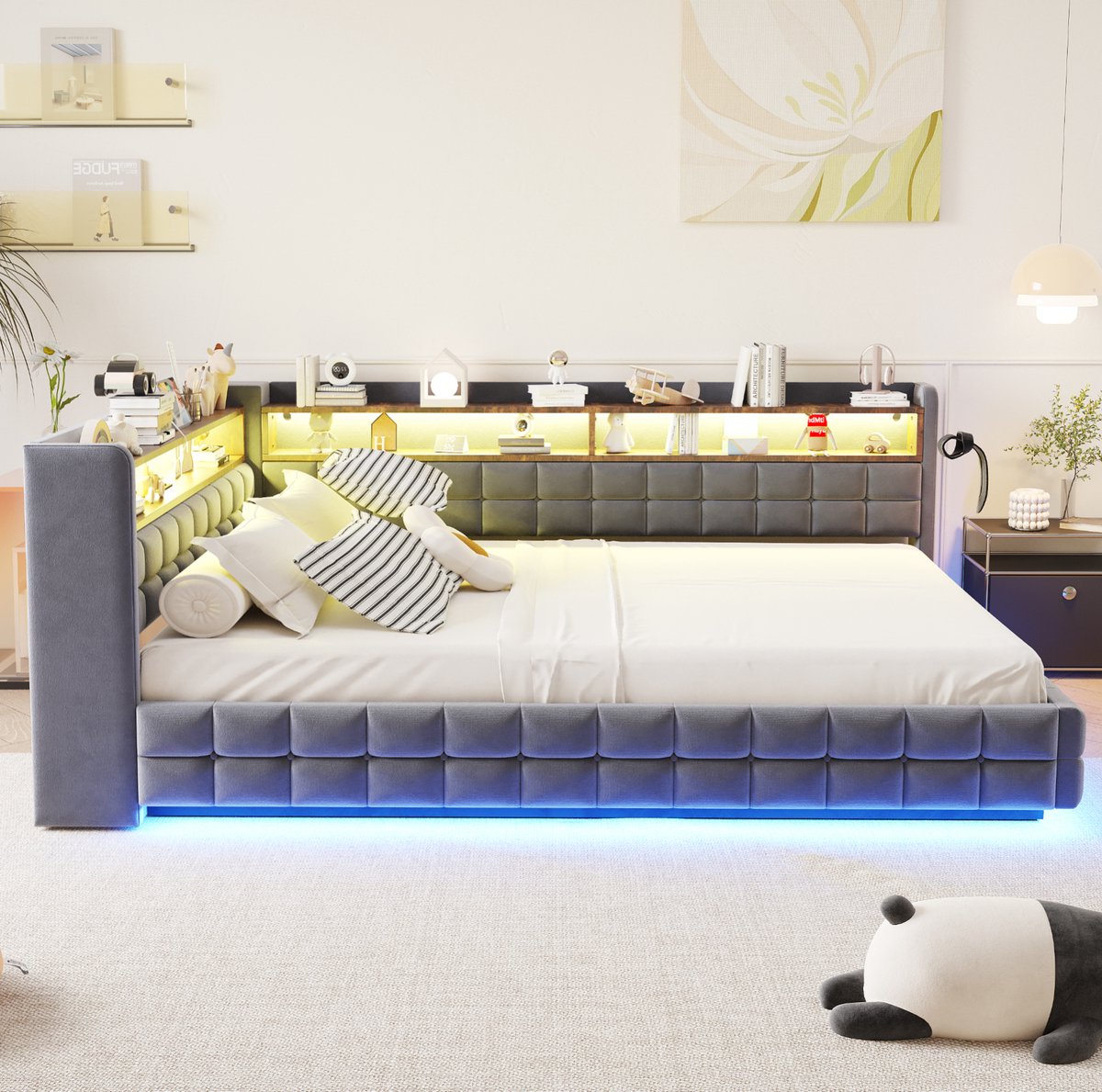 REDOM - Slaapbank - Opbergruimte met hydraulisch staufach - LED-verlichting en stopcontact met USB en Type-C - Moderne stijl - Slaapkamer of logeerkamer - Stof en MDF - Grijs - 140 x 200 cm