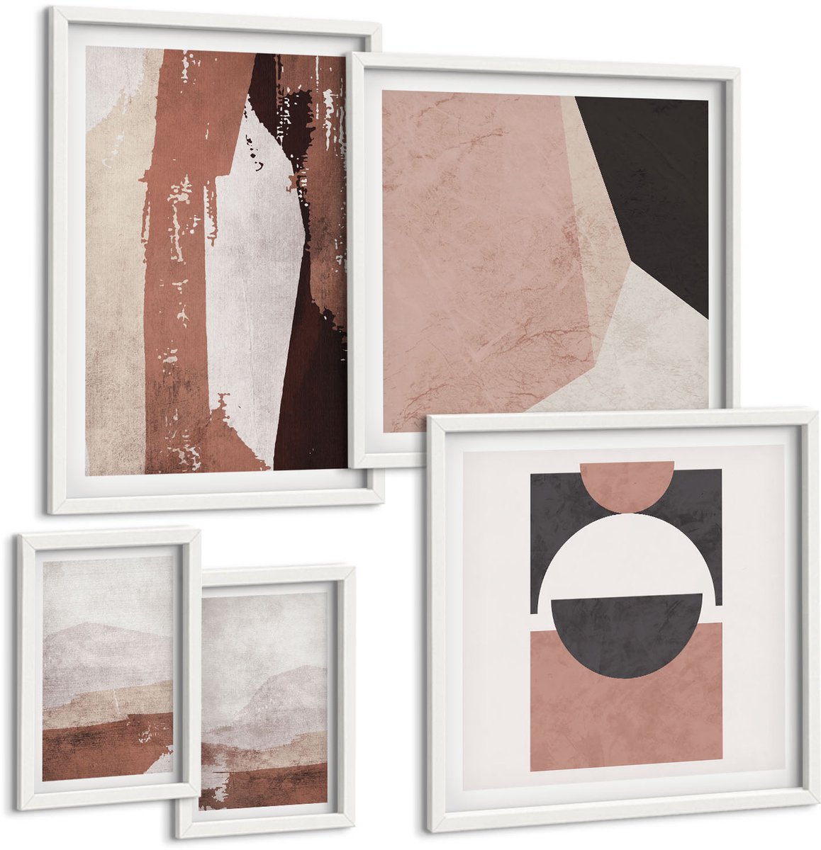 Wallfluent 5-Delige Schilderij Set - Abstracte Composities In Aardetinten En Geometrische Vormen - 50 x 50 cm, 20 x 30 cm En 40 x 60 cm - Schilderijen Set - Wanddecoratie - Woonkamer - Stijlvolle Muurdecoratie