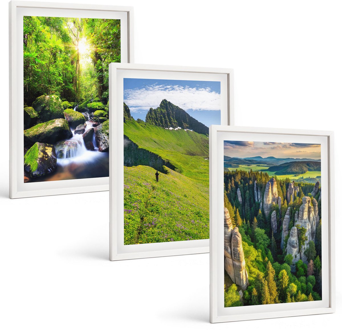 Wallfluent 3-Delige Schilderij Set - Groene Berglandschappen Met Waterval En Bos - 40 x 60 - Wanddecoratie - Moderne Interieurdecoratie - Moderne Wanddecoratie