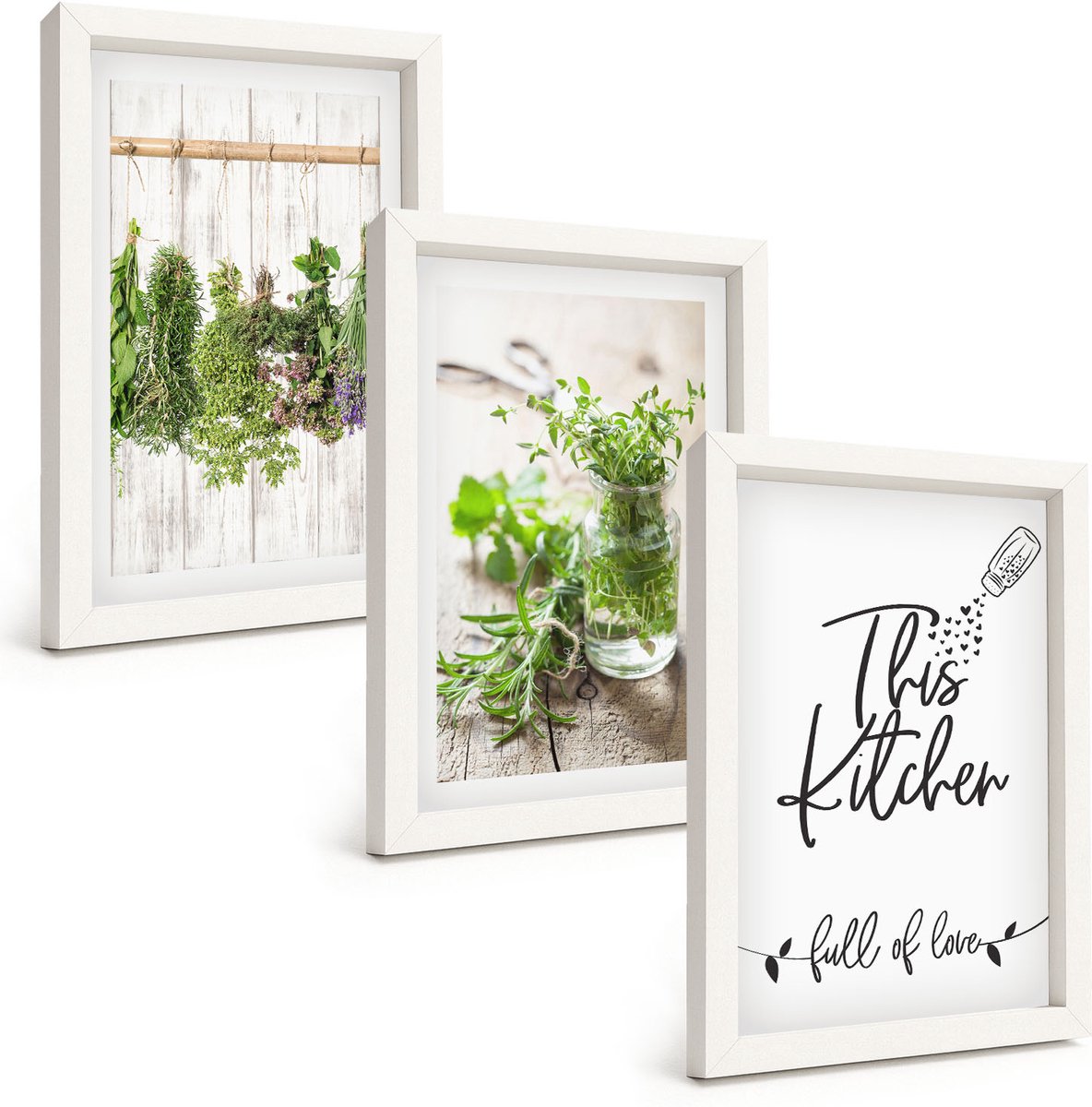 Wallfluent 3-Delige Schilderij Set - Keukenmotief Inscriptie Gedroogde Kruiden - 20 x 30 - Stijlvolle Muurdecoratie - Slaapkamer - Decoratieve Schilderijen