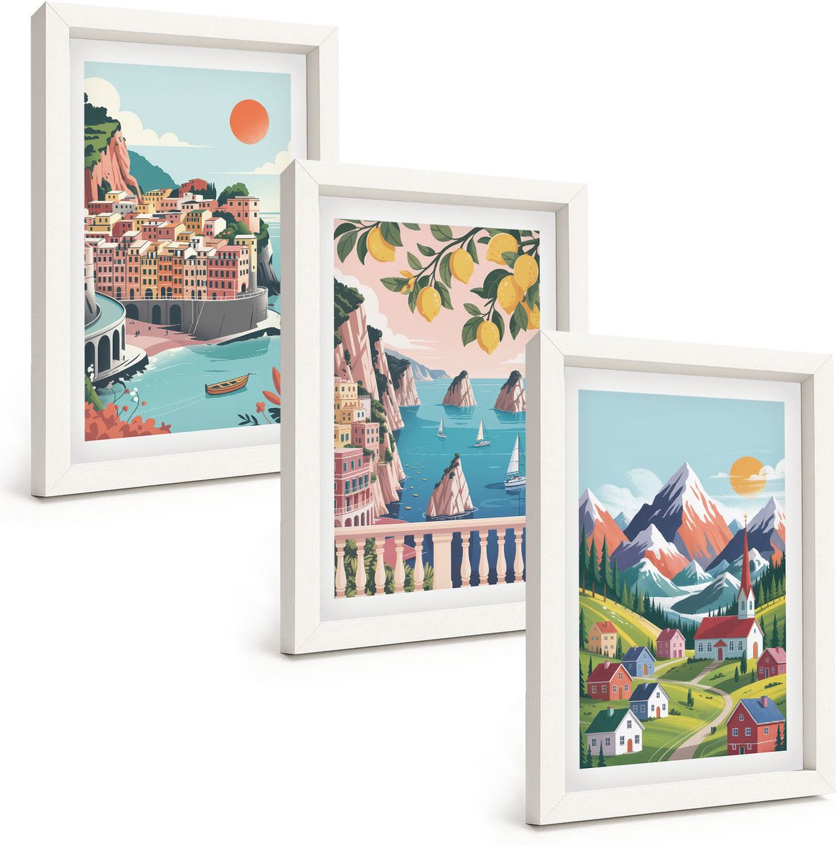 Wallfluent 3-Delige Schilderij Set - Kleurrijke Berglandschappen En Kuststeden - 20 x 30 - Muurdecoratie - Schilderijen Set - Woonkamer