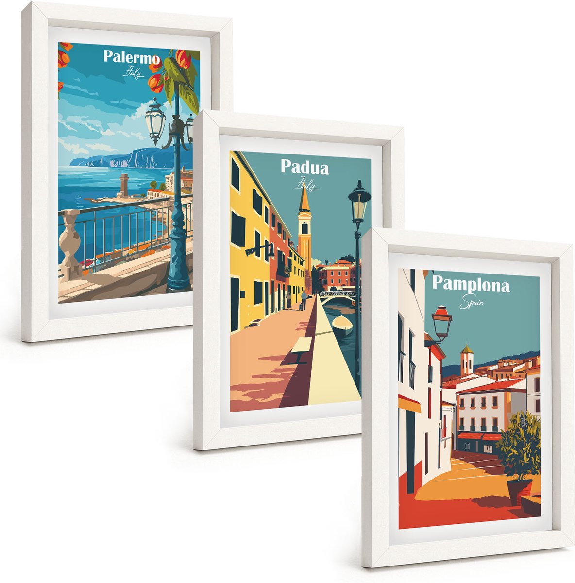 Wallfluent 3-Delige Schilderij Set - Populaire Steden In Retro Illustratieve Stijl - 20 x 30 - Stijlvolle Wanddecoratie - Interieur - Interieur Decoratie