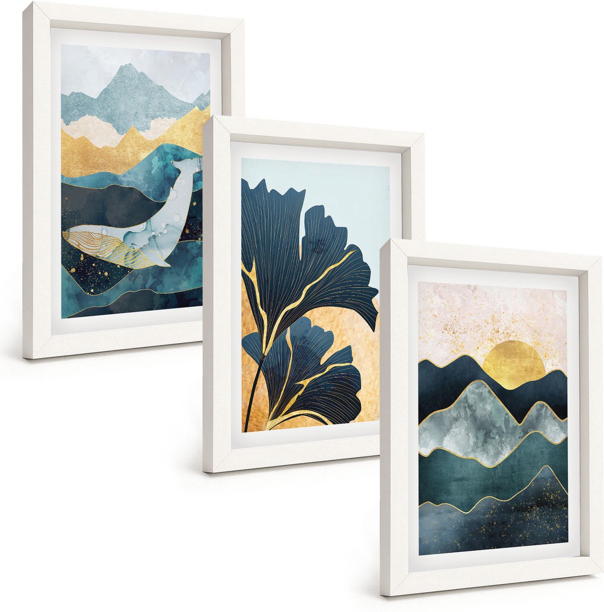 Wallfluent 3-Delige Schilderij Set - Abstracte Esthetische Vergezichten Met Bergen En Planten - 20 x 30 - Muurdecoratie - Interieur Decoratie - Wanddecoratie