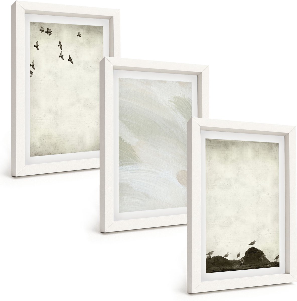 Wallfluent 3-Delige Schilderij Set - Vogels, Rotsen En Penseelstreken: Minimalistische Decoraties - 20 x 30 - Stijlvolle Wanddecoratie - Interieur