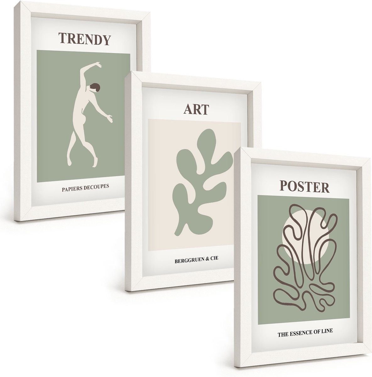 Wallfluent 3-Delige Schilderij Set - Abstracte Figuren En Plantmotieven In Ingetogen Kleuren. - 20 x 30 - Wanddecoratie - Schilderijen Set - Interieur - Interieur Decoratie