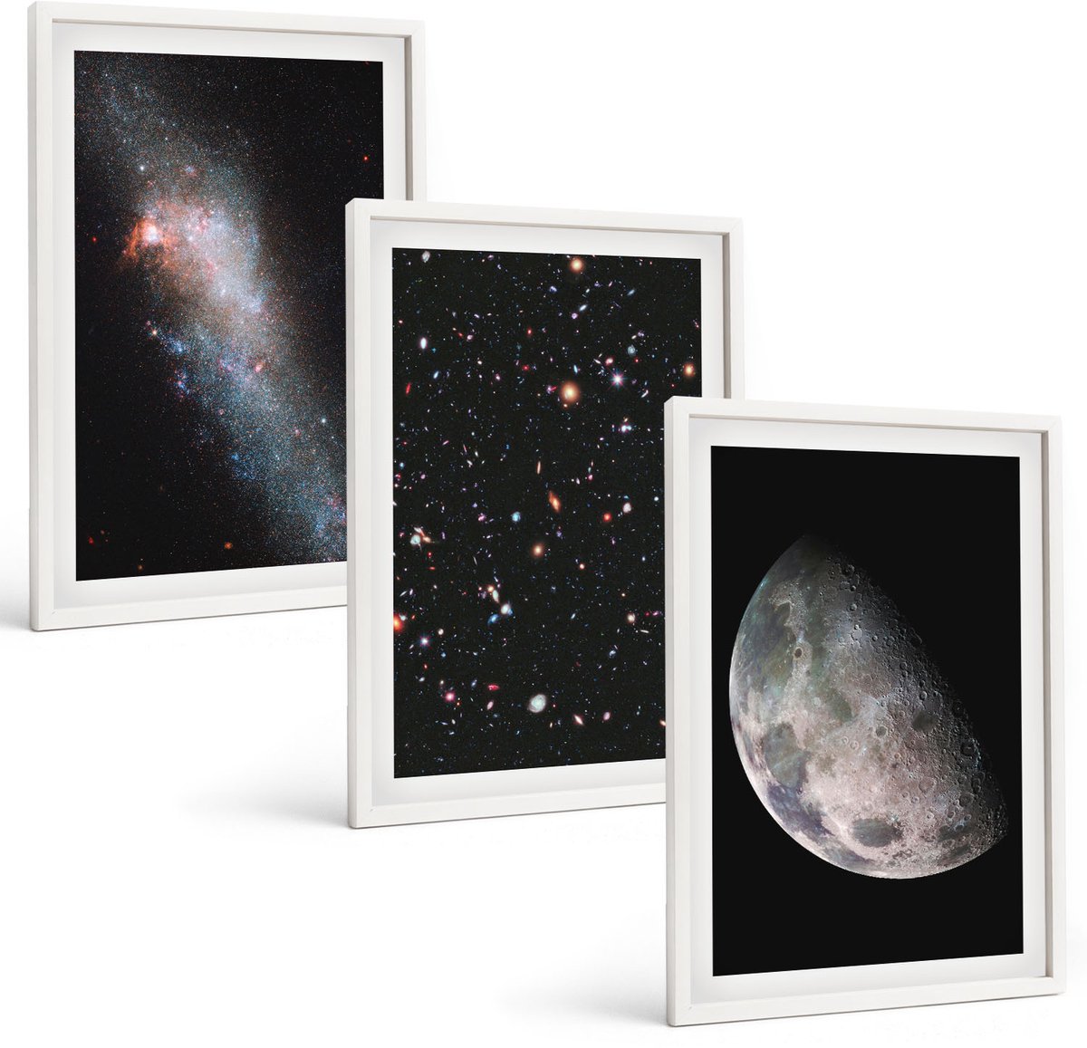 Wallfluent 3-Delige Schilderij Set - Ruimte, Melkweg, Sterren En Volle Maan - 40 x 60 - Wanddecoratie - Woonkamer Decoratie - Muurdecoratie