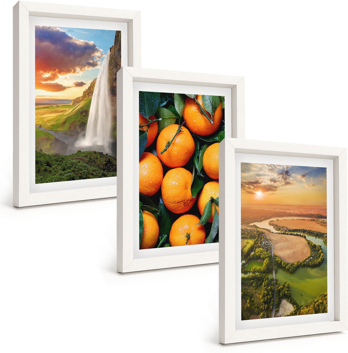 Wallfluent 3-Delige Schilderij Set - Waterval Bergen Sinaasappels Italiaans Landschap Zonsondergang - 20 x 30 - Moderne Wanddecoratie - Woonkamer - Decoratieve Schilderijen