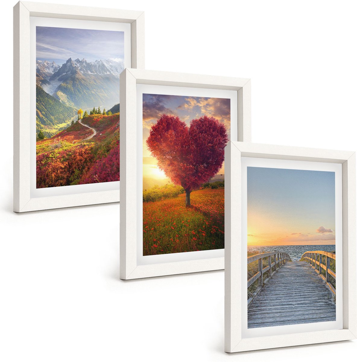 Wallfluent 3-Delige Schilderij Set - Berglandschappen Hartvormige Boompier - 20 x 30 - Wanddecoratie - Muurdecoratie - Moderne Interieurdecoratie - Woonkamer Decoratie