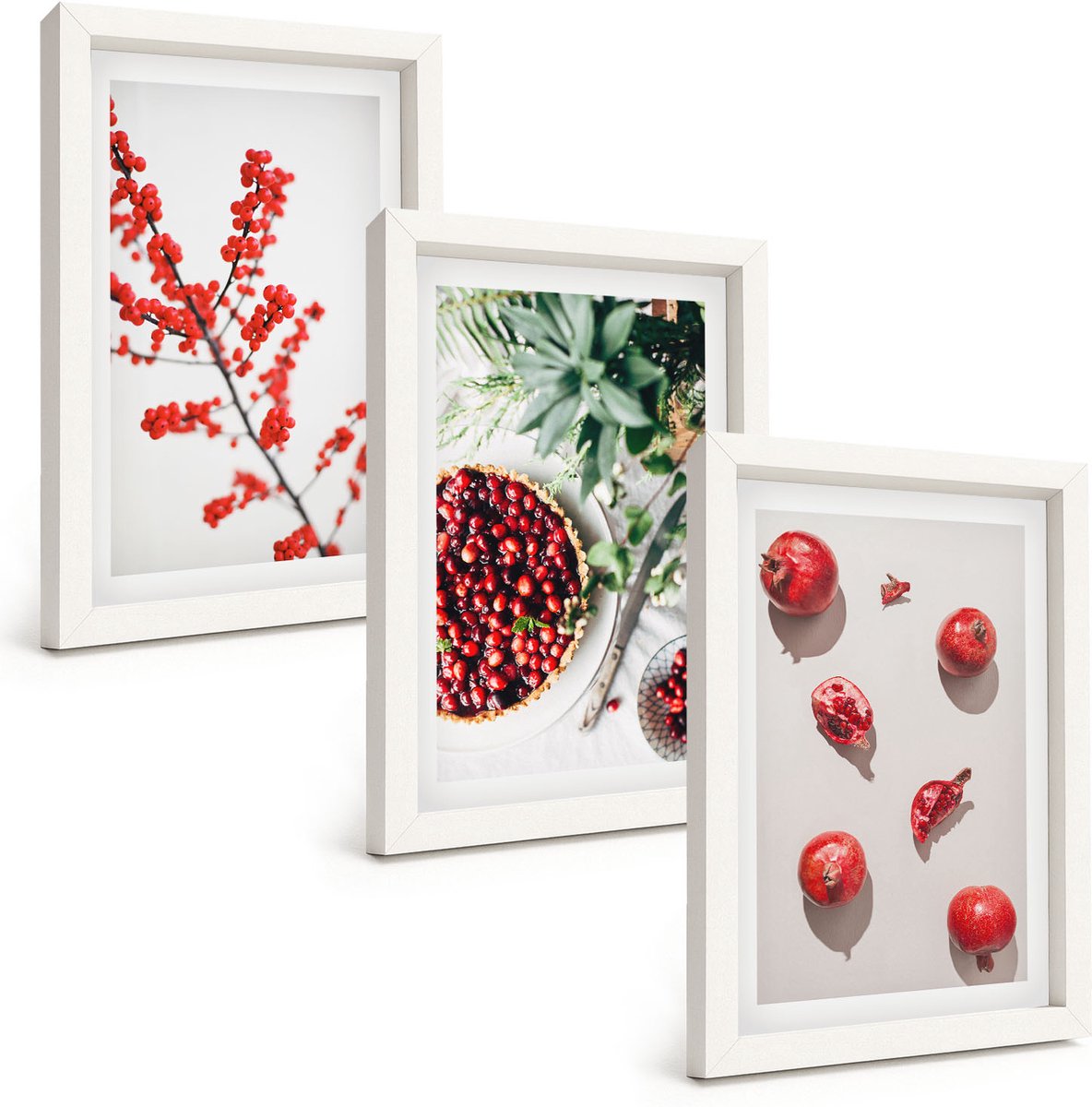 Wallfluent 3-Delige Schilderij Set - Rode Vruchten En Planten In Een Minimalistische Stijl - 20 x 30 - Wanddecoratie - Schilderijen Set - Kantoor - Interieur Decoratie