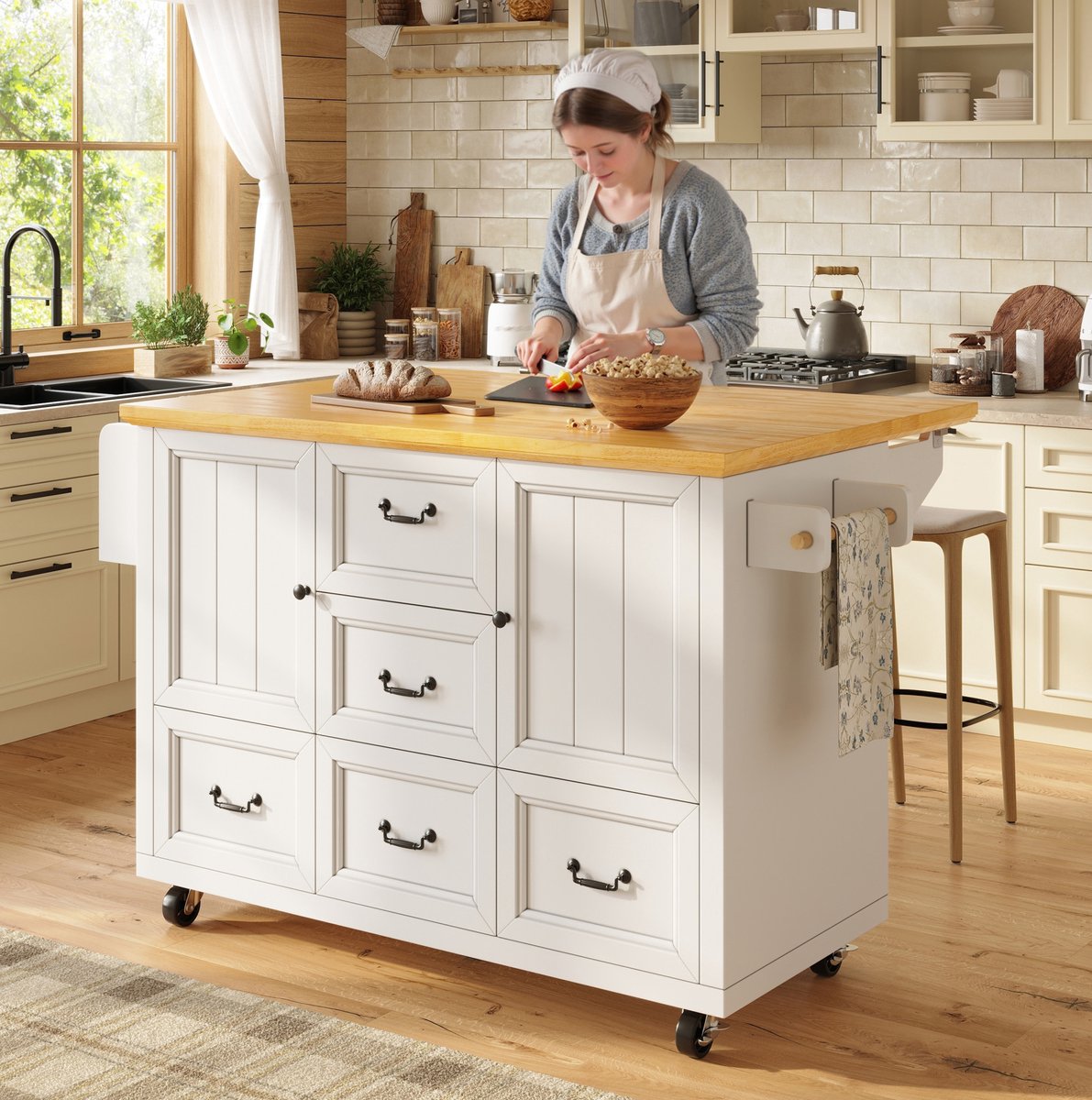 REDOM - Keukeneiland - Uitklapbaar tafelblad - Op wielen - Opbergruimte met lades en deuren - Rustieke stijl - Keuken en eetruimte - MDF en metaal - Wit - 120 x 73 x 93 cm
