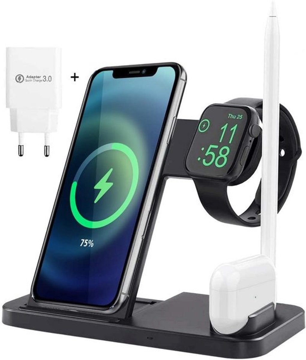 4-in-1 Draadloos Oplaadstation voor Telefoon, Smartwatch en Oordopjes met Nachtkastmodus