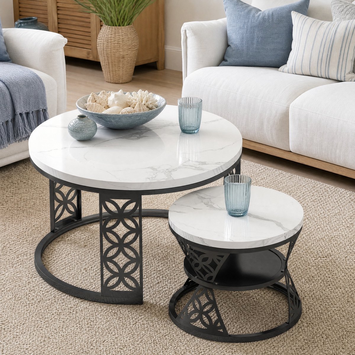 OKWISH Salontafel 2-Delig Set - Rond Hoogglans Marmerlook Tafelblad - Metaal Frame - Modern Stapelbaar - 70×70×45 & 45×45×37 Cm - Wit En Zwart