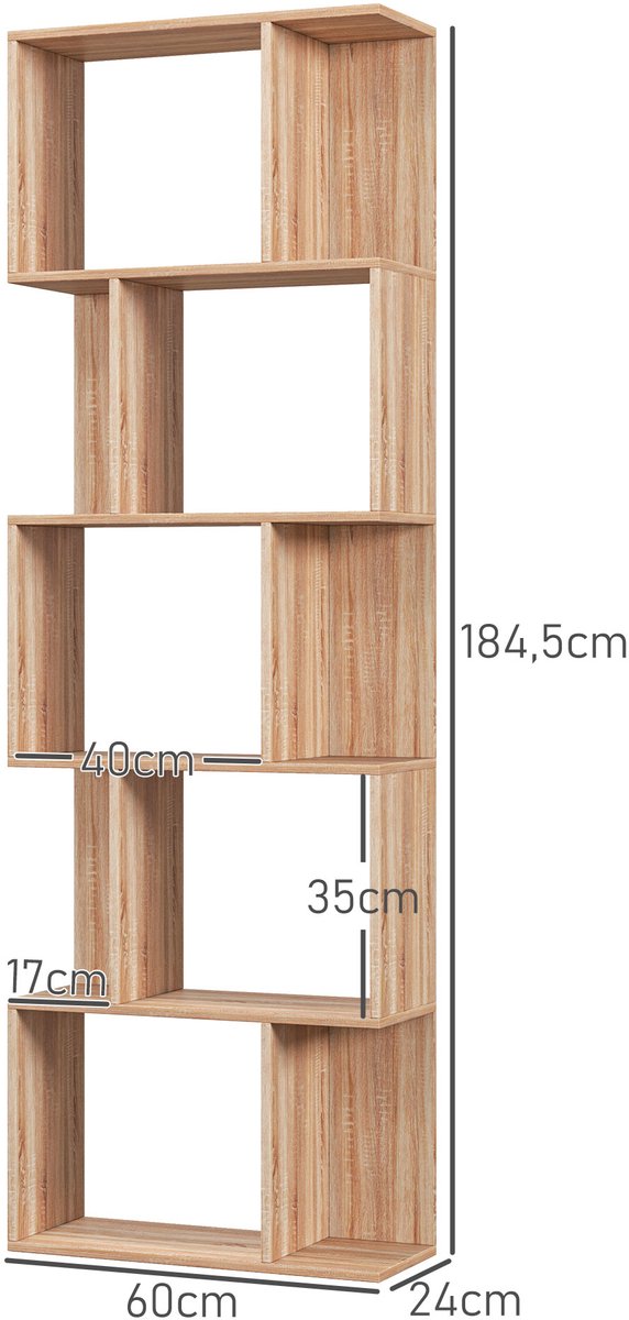 Boekenkast met 5 niveaus - S-vormig opbergmeubel met planken - 60 x 24 x 184,5 cm - natuurlijke houtlook