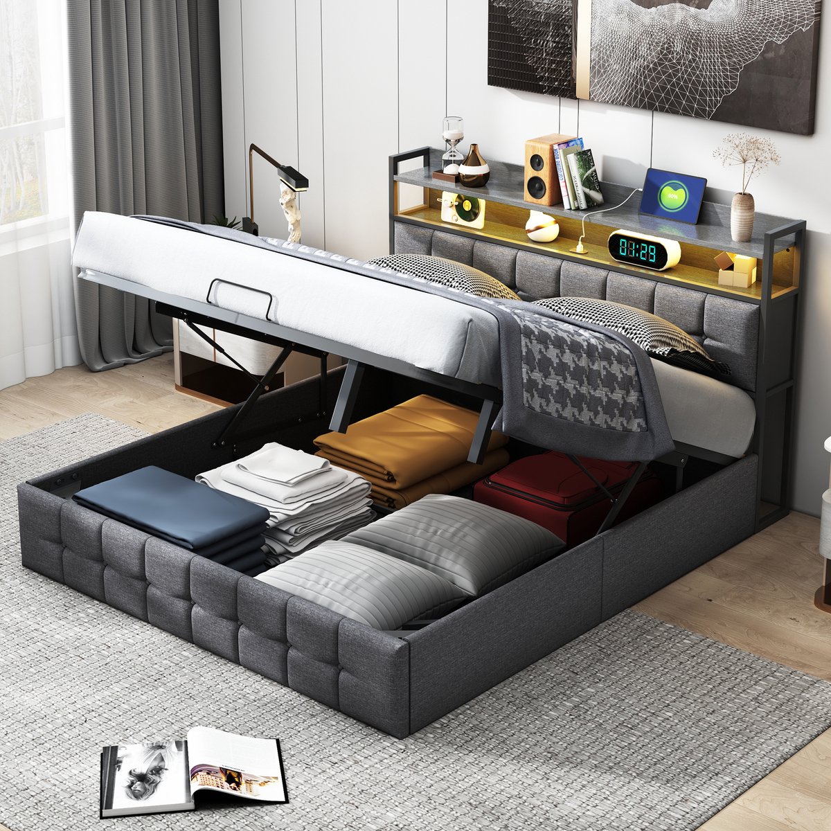 Tweepersoonsbed 140x200 cm, volwassen bed met LED en opbergruimte, gestoffeerd hoofdbord met vakken, opbergbed, linnen, grijs, zonder matras