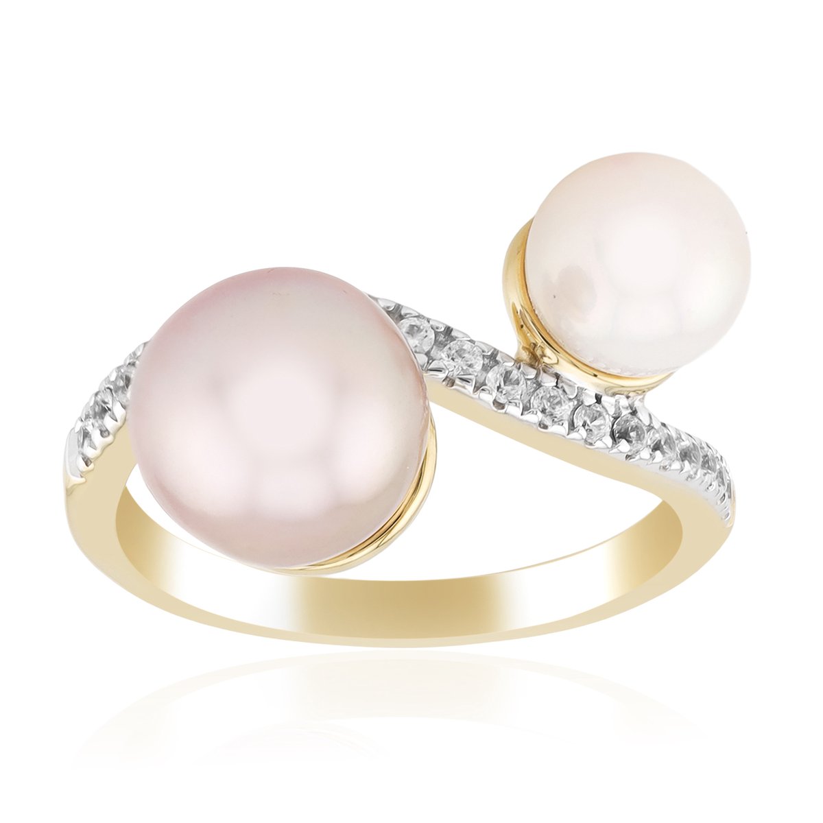 Cavill - Vergulde 925 Zilver Ring met Paarse Ming Parel 8,5mm & Akoya Parel 6,5mm - 20 Zirkonia 0,2ct - Elegante Dames Ring - Stijlvol Sieraad
