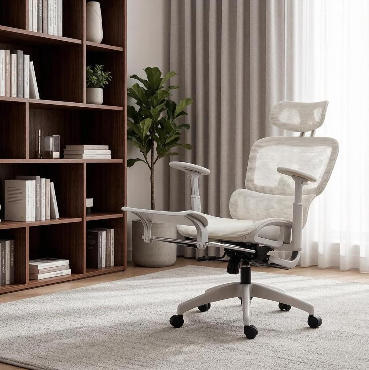 DESMIU Bureaustoel - Ergonomische Mesh Bureaustoel - Verstelbare Hoofdsteun, 3D Armleuningen En Voetsteun - Voor Thuis En Kantoor - Beige