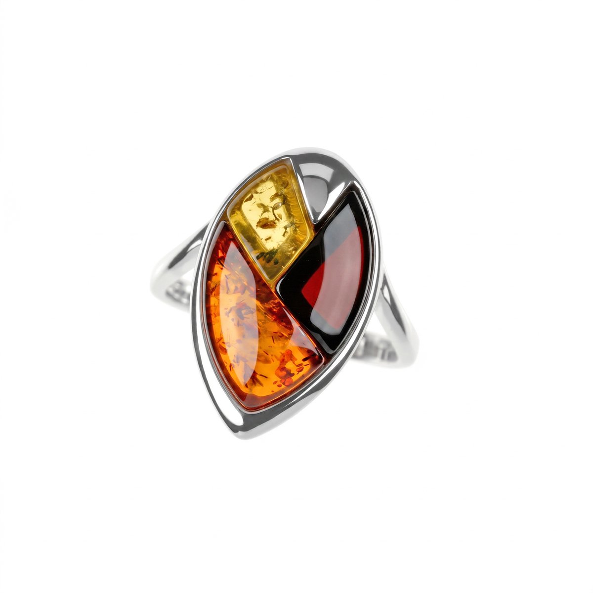 Cavill - Sterling Zilveren Ring - 925 Zilver Rhodium - Cognac & Citroen Barnsteen 0,8 ct - Handgemaakt Uniek Design - Rood & Geel
