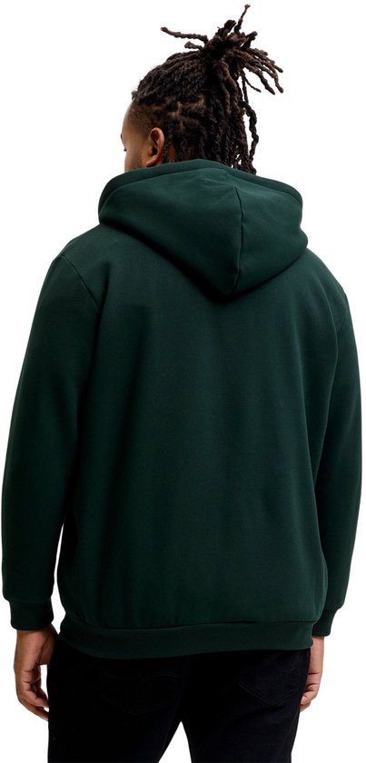 Achterkant van man met dreadlocks in donkergroene hoodie.