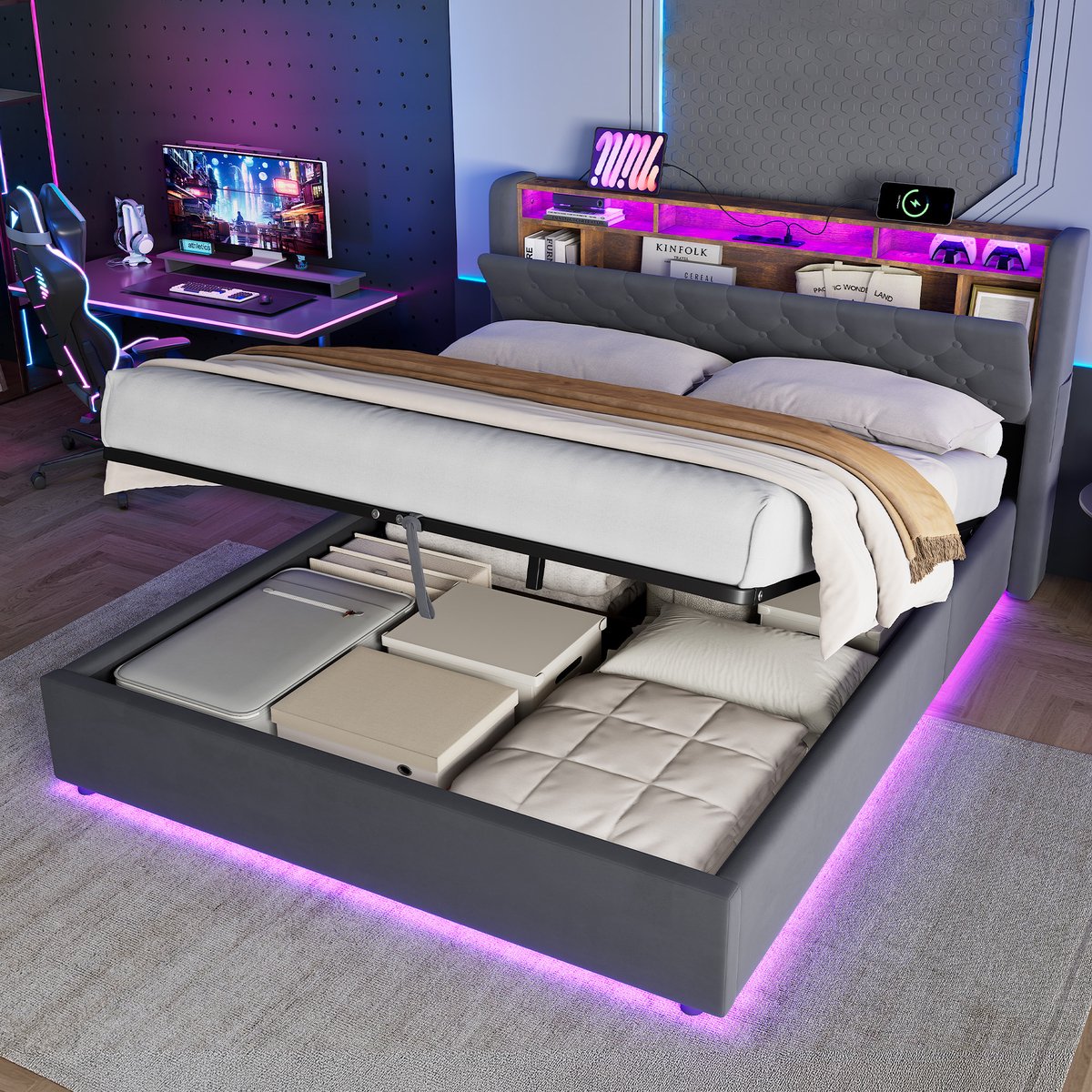 OKWISH Opbergbed 160 x 200 cm – Opklapbaar Hoofdbord Met Opbergruimte – Fluweel – Donkergrijs – Met Bedbodem En Opbergbak