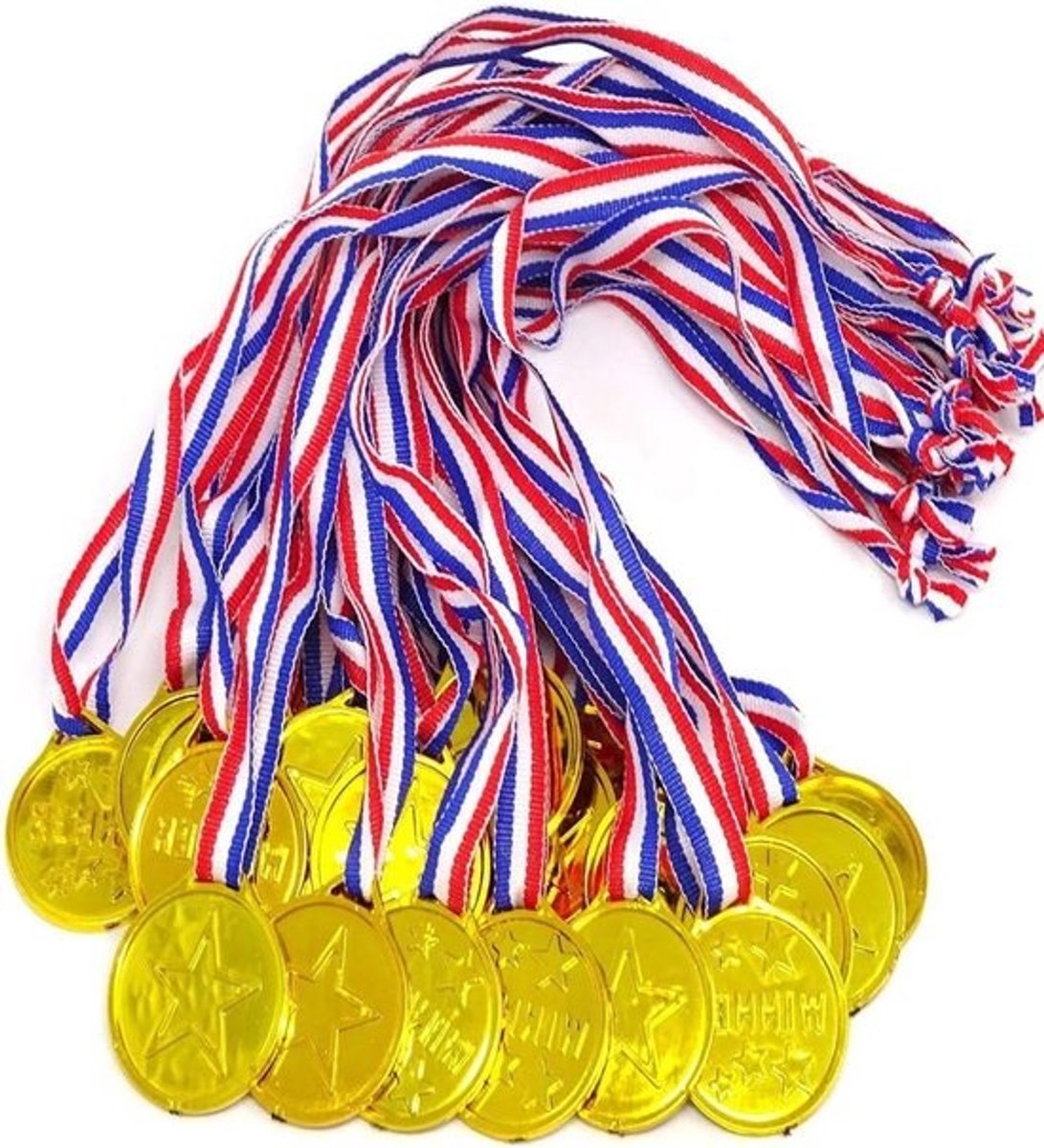 Gouden Medailles Kinderen - Plastic Prijzen - Wedstrijden Organiseren - Inclusief Lint - 24 Stuks - Goud