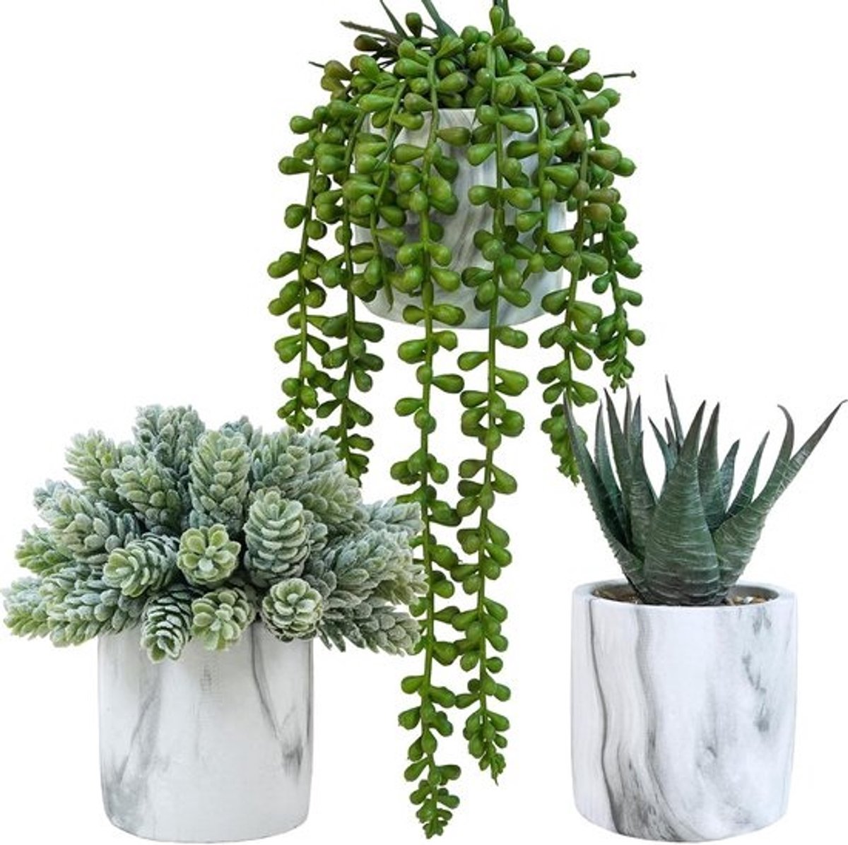 Set van 3 Kunstvetplanten in Marmeren Pot - Sierplanten voor Binnen & Buiten
