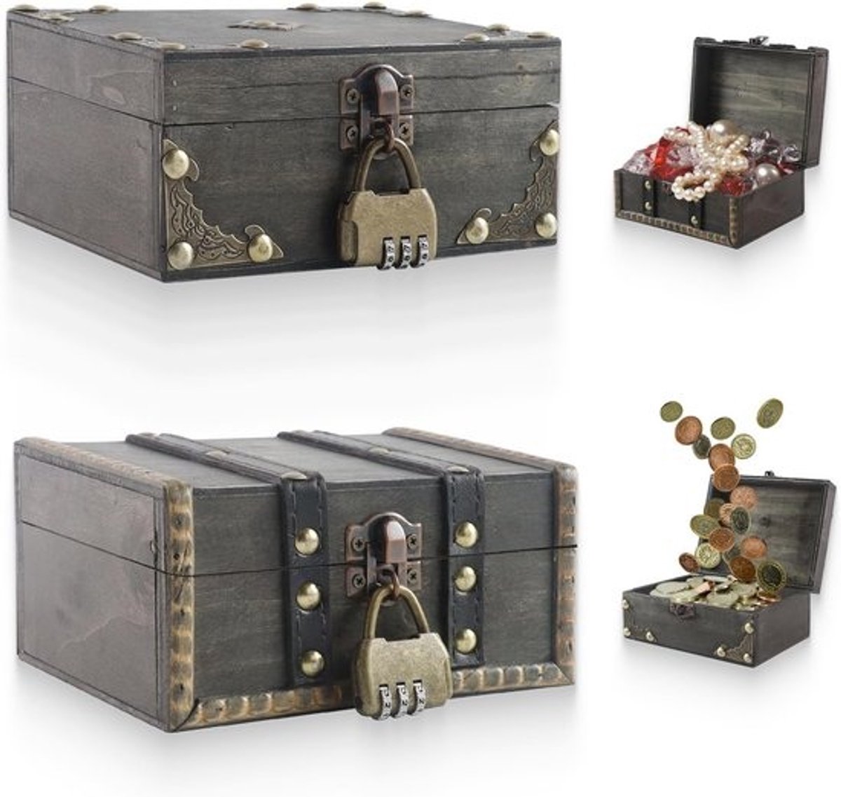 Set van 2 Houten Vintage Schatkisten met Hangslot voor Sieraden en Decoratie (15x12x8 cm)