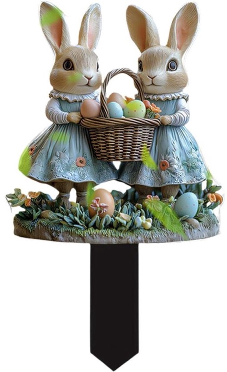 Paas Konijnen Tuindecoratie - Paashaas Ornament - Tuin Versieren - Weerbestendig Acryl - 15cm Hoog - Meerkleurig