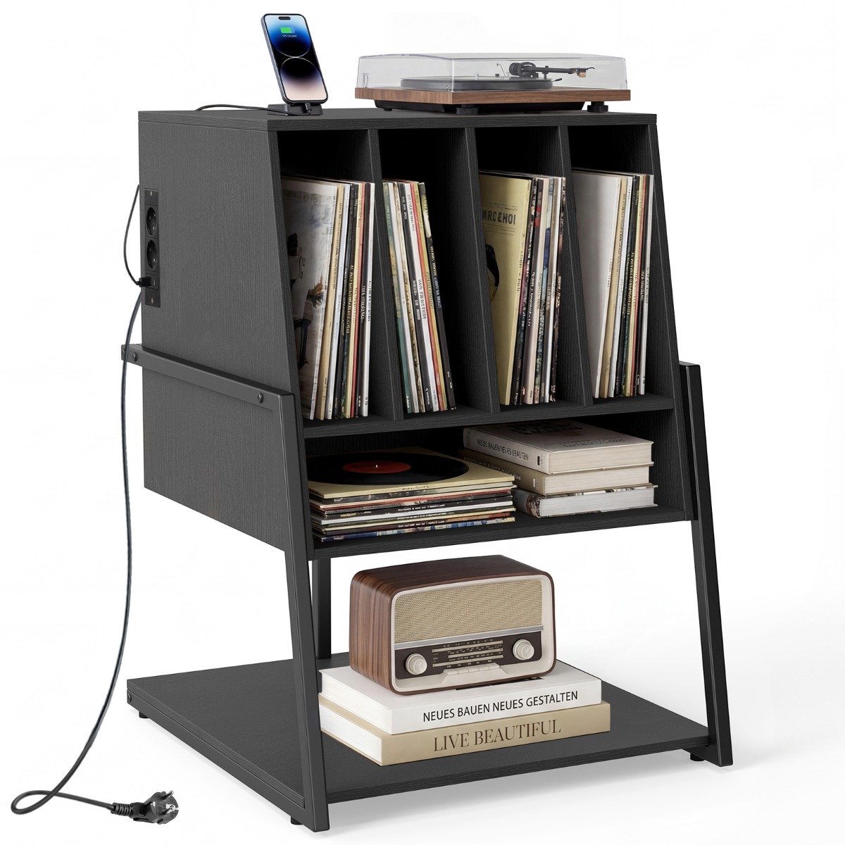 SureDeal® - Boekenkast - Platenrek Vinylplatenrek Houten - Studeerkamer - Muziekkamer Zwart - Rustiek Bruin - 54x57x76,5 cm - Donkerbruin