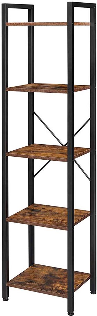 Boekenkast Opbergrek Displayrek 40 x 30 x 146 cm Bruin + Zwart Eenvoudig ontwerp met stalen frame Stevig en duurzaam Max. draagvermogen per plank 10 kg Met 5 open planken Eenvoudig te monteren Voor woonkamer kantoor en studeerkamer